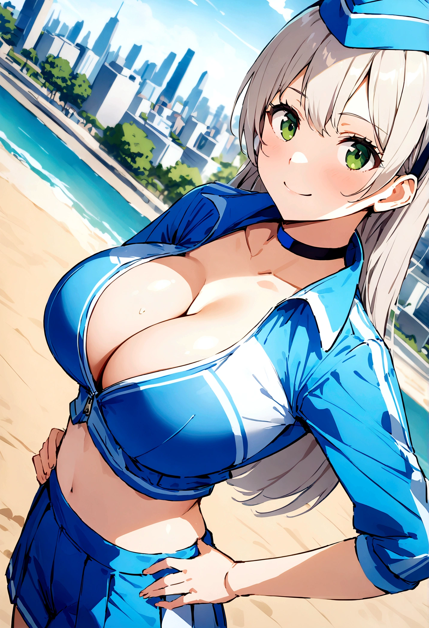 score_9, score_8_up, score_7_up,4k, ,BREAK , (from side,top angle),standing,straight-on,hands on hips,1girl,RACEELIE,silver hair,long hair,HAIRBAND, CHOKER, BLUE HAT, BLUE JACKET, CROPPED JACKET, (CLEAVAGE,large breast),bouncing breast, MIDRIFF, BLUE SHORTS, PLEATED SKIRT,(light smile),(daytime and beachside and city), detailed skin,,(best quality),(aesthetic,very aesthetic),sharp focus,depth of field,,