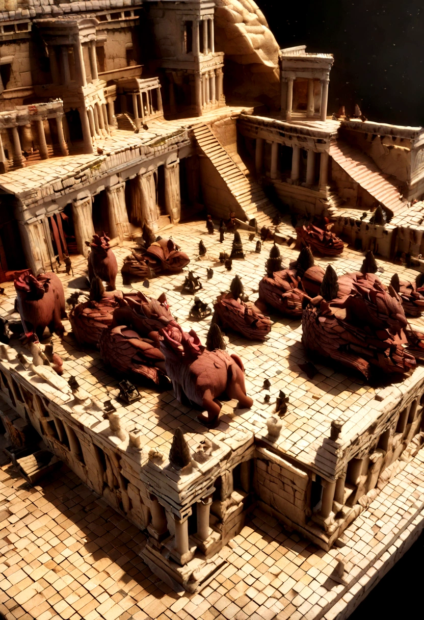 Miniature,Super Cute Clay World, Cute clay freeze frame animation, Tilt-Shift,excellent lighting,Volume Landcape,brush rendering,3D,Isometric view, super detailed, ((Warriors fighting a Beast)), ((Greek ruins)), dark tones, Red illumination