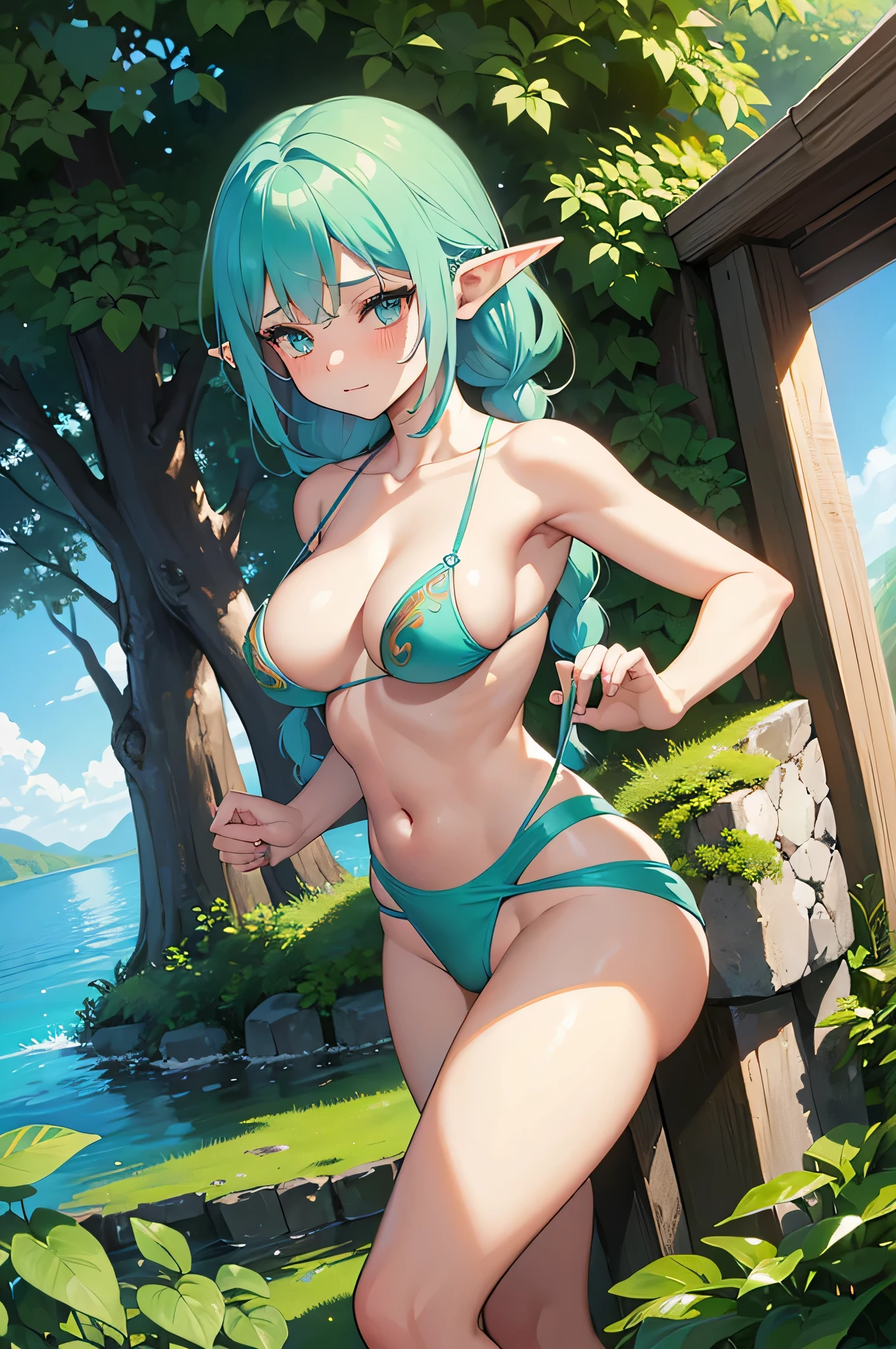All realistic intricate details: "(medium shot, (1 girl ELF view), nude elf, Aqua COLOR hair, blush, measurements 93 60 91, (mischievous expression), open legs, clavicle, arcane, short venus Bikini, firm breasts, big breasts, twin braids, love pose, Side and natural lighting, In the background a cenote in the middle of the jungle, (+18, random angle))"
