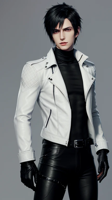Final fantasy taste and reality graphics, Japanese young cute and cool boy, thin eyebrows and beady eyes, he wearing off white color leather thick singlebrest biker jacket, with epaulet, jacket zipped, jacket is biker style, , jacket collar is high length stand-up collar with belts, jacket is a little black line pattern, also wearing black thick turtleneck shirts, tight black leather pants, shiny black leather tight and thin glove, black leather knee-high raceup boots,views head-to-toe,views whole body, boy looks like fashion model,Do not show skin from the neck down,leather jacket leather glove and leather pants have few wrinkles,boy in the room,