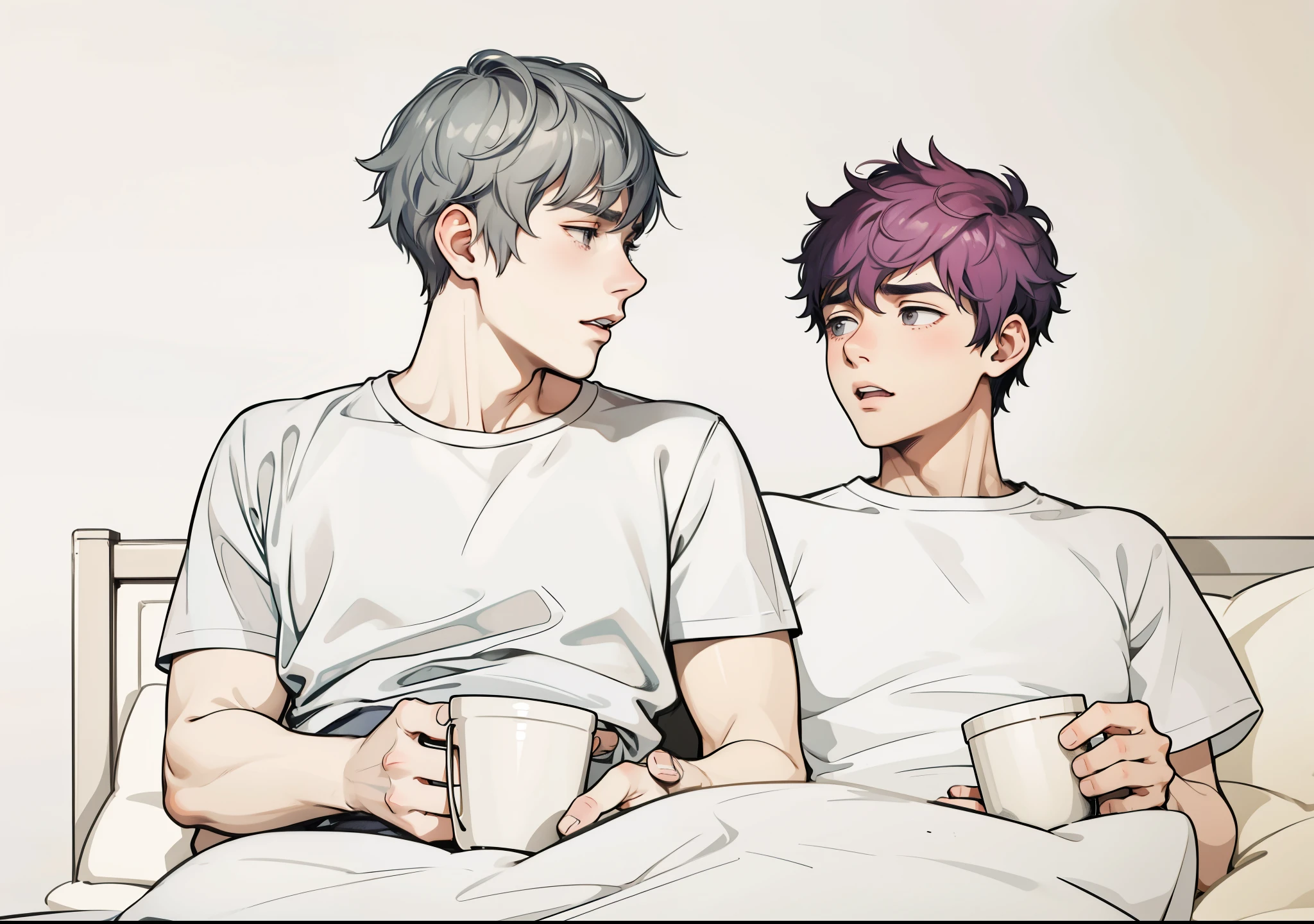 two cute young men of 17 and 16 years old with gray hair are talking sad worried