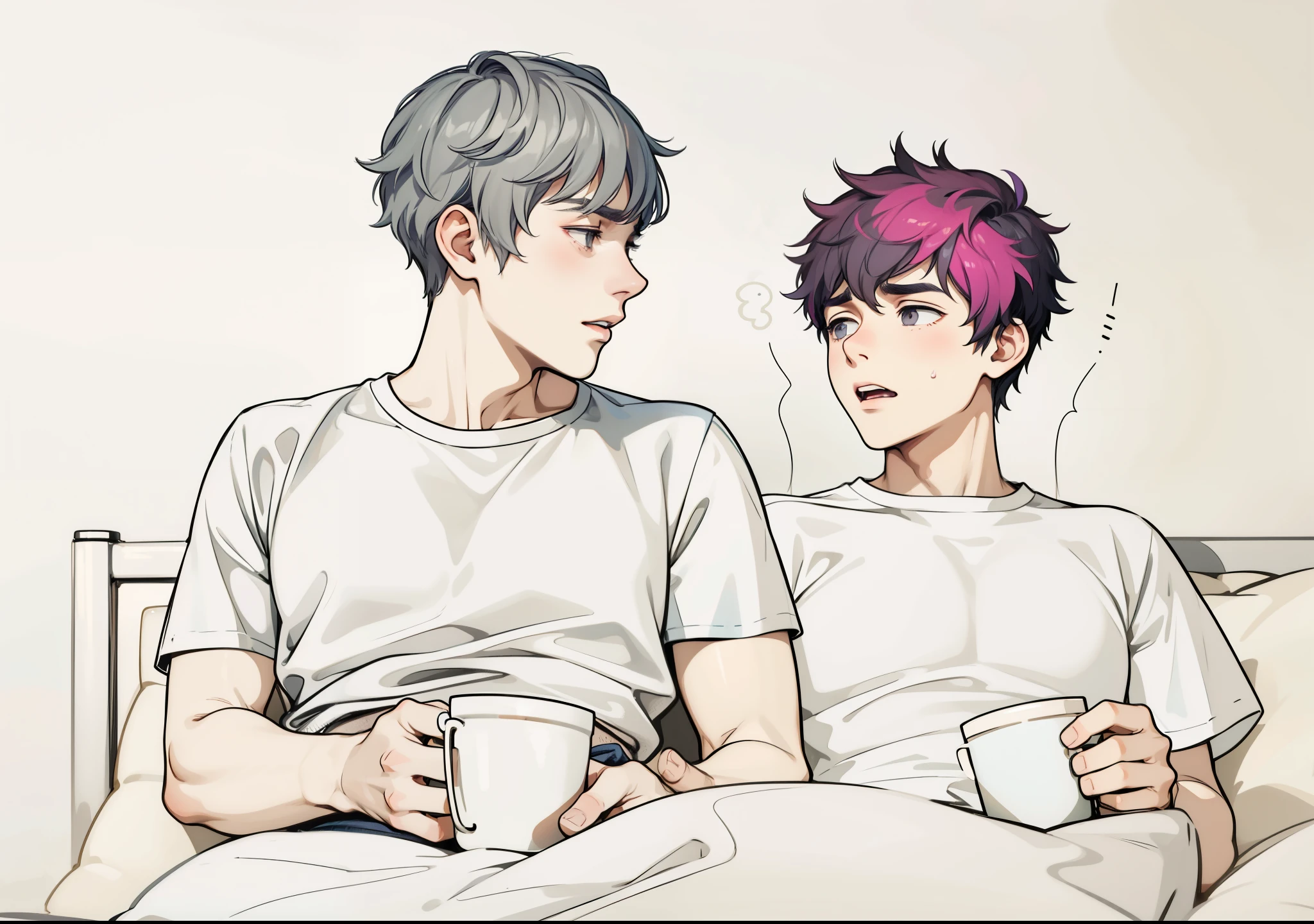 two cute young men of 17 and 16 years old with gray hair are talking sad worried