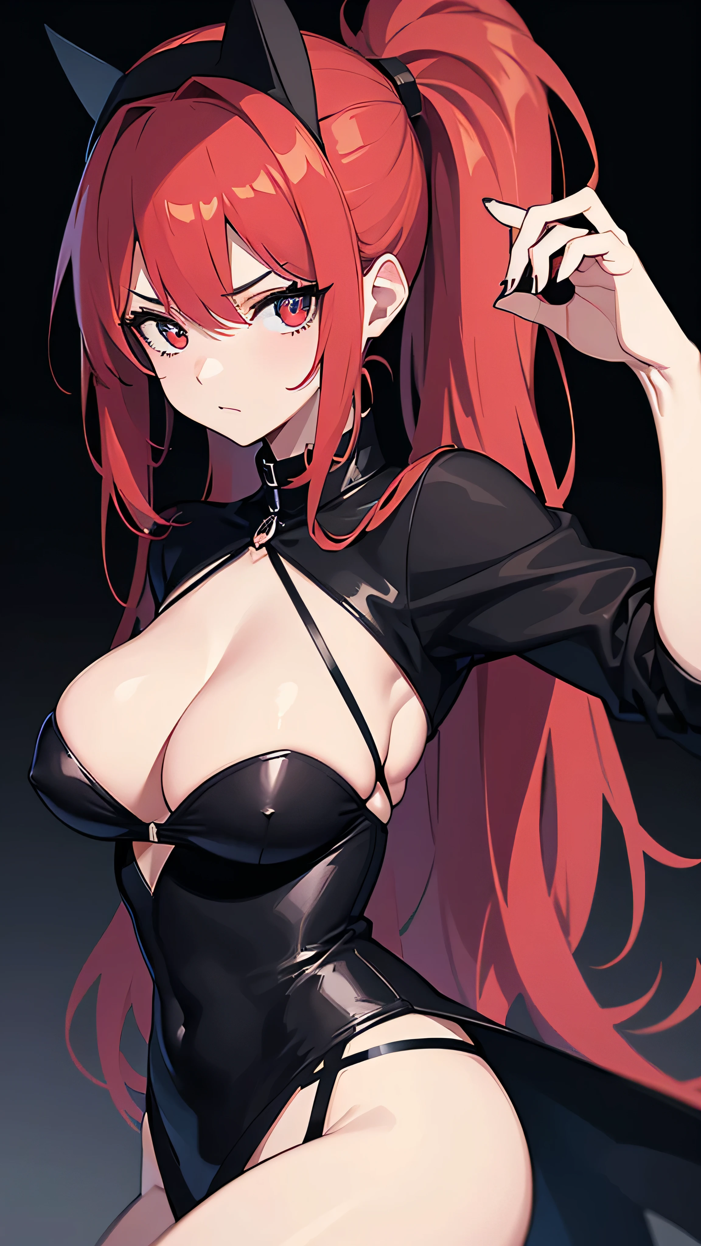 Best quality, une fille, yeux rouge, nasty look, pas contente, envoutante, Threatening, tenue gothique, dressed in black, la nuit, in front of me