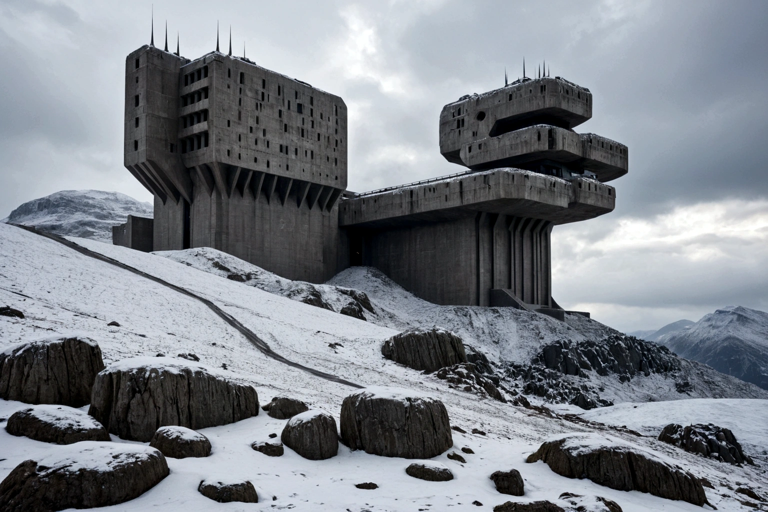 (((A FUTURISTIC ALIEN SPACESHIP 40TH CENTURY AD FLYES BY IN THE CLOSEUP)), ((ON AN ALIEN PLANET IN THE BACKGROUND THERE IS A BRUTALIST-STYLE CONCRETE FORTRESS)), AMONG THE STEEP AND INTRINSIC MOUNTAINS WITH SHARP ROCKS WITH SNOW AND ICE, THE STORMY AND COLD SKY HAS THE CLOUDS DESTROYED BY THE FREEZING WIND FROM THE POLE, IMAGEN HIPER REALISTA, MAXIMUM DEPTH OF FIELD, MAXIMUM HDR 4K RESOLUTION, PERSPECTIVA PERFECTA