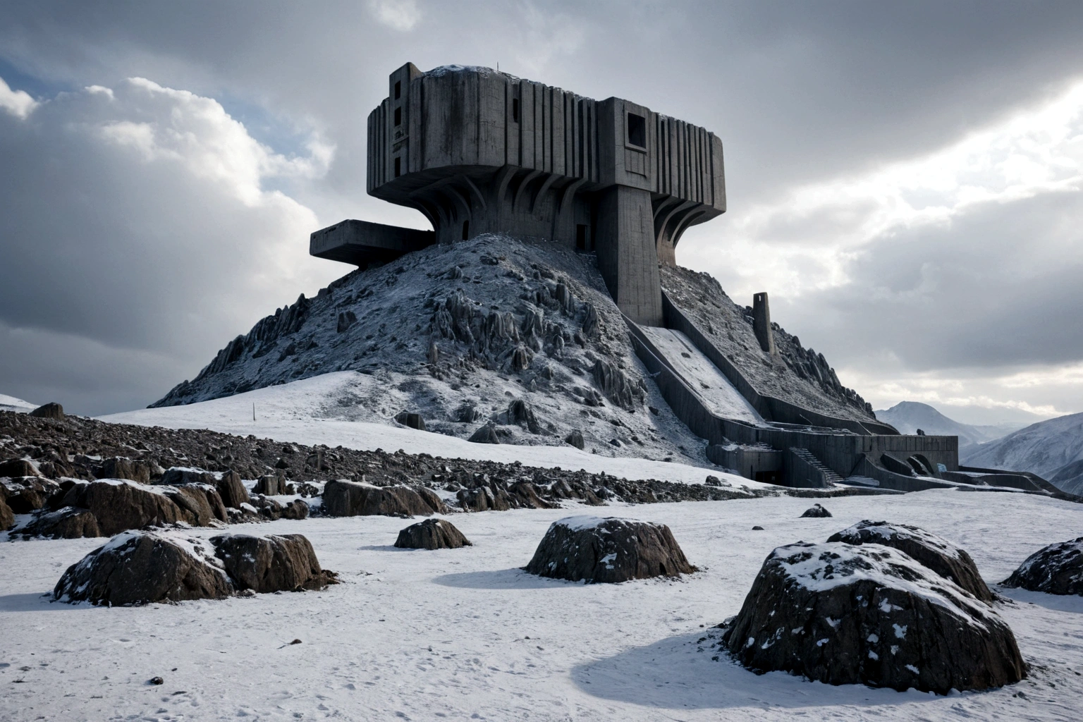  (((A FUTURISTIC ALIEN SPACESHIP 40TH CENTURY AD FLYES BY IN THE CLOSEUP)), ((ON AN ALIEN PLANET IN THE BACKGROUND THERE IS A BRUTALIST-STYLE CONCRETE FORTRESS)), AMONG THE STEEP AND INTRINSIC MOUNTAINS WITH SHARP ROCKS WITH SNOW AND ICE, THE STORMY AND COLD SKY HAS THE CLOUDS DESTROYED BY THE FREEZING WIND FROM THE POLE, IMAGEN HIPER REALISTA, MAXIMUM DEPTH OF FIELD, MAXIMUM HDR 4K RESOLUTION, PERSPECTIVA PERFECTA
