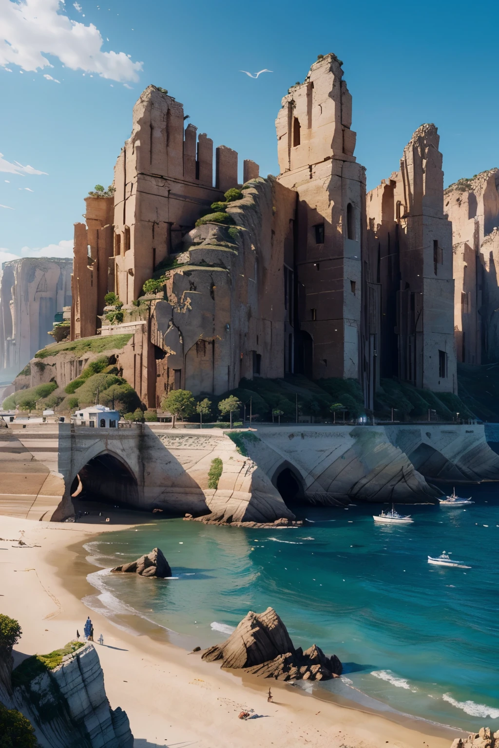 Coastal cliffs surrounding a large bay with sea and xebec ships, mystical, glowing gems, weird trees and rock formations, khiva style port city in cliffs, highly detailed, digital painting, artstation, concept art, smooth, sharp focus, illustration, art by artgerm and greg rutkowski and alphonse mucha, erte, 8 k