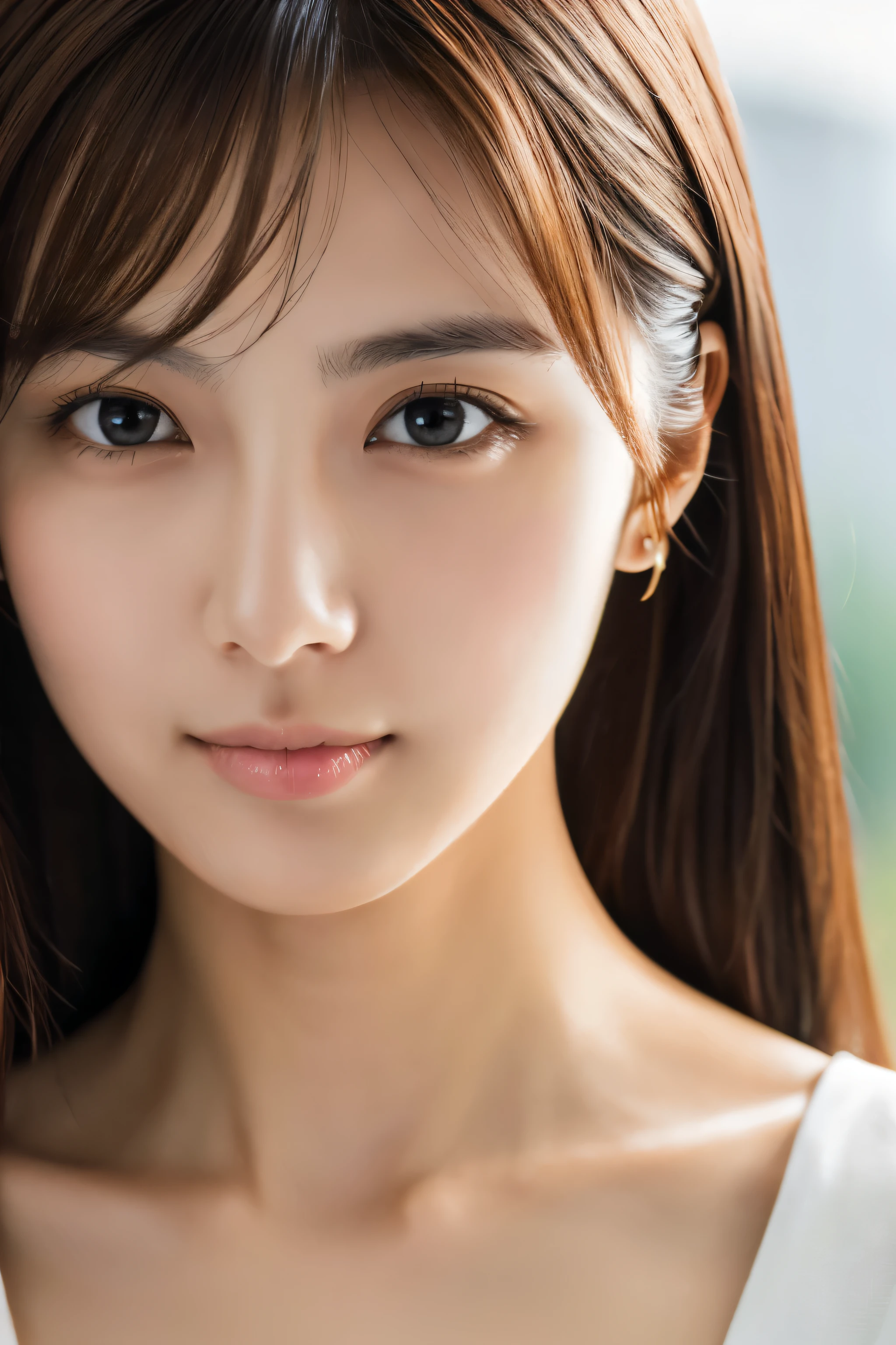 Masterpiece, Best Quality, Photorealsitic, Ultra-detailed, finely detail, high resolution, 8k wallpaper, Professional, high level of detail, 1girl in, Skinny Japanese woman, ((Facing the front)), Detailed clavicle, face perfect, straight hair, (look straight at a camera)