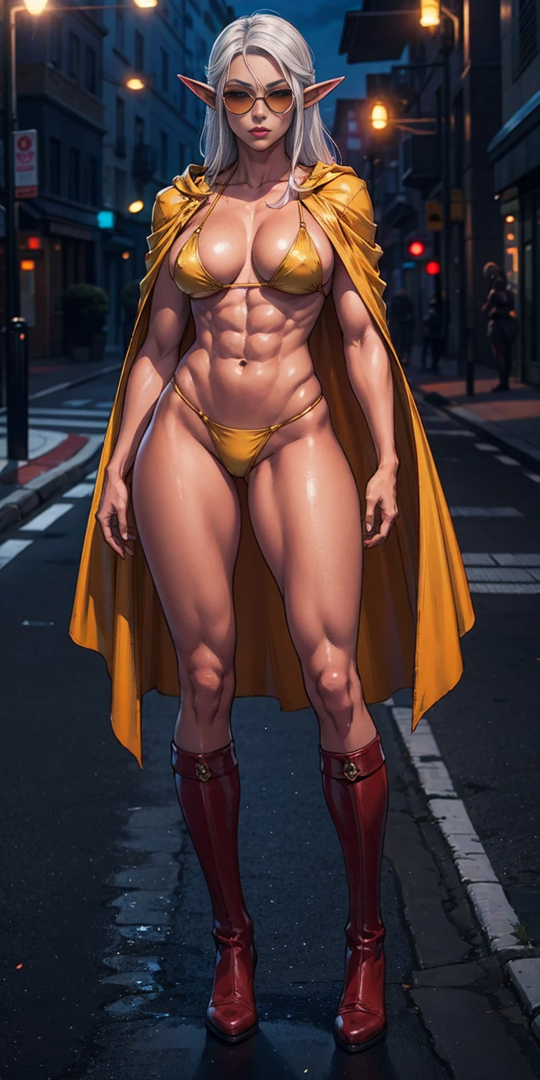 Full body, masterpiece, 1solofemale drow elf purple skin standing pose (yellow tiger bikini) red cape, red bikini, long white hair, strong body, abs, Ultra Quality, shiny skin, Atmospheric, 8K, Cinematic ((Street background)) BREAK, sunglasses