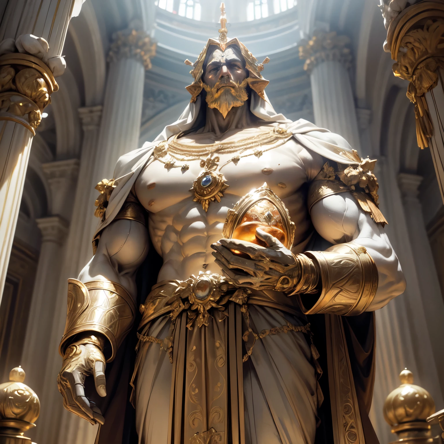Create an 8K Ultra HD Digital Image of a Noble Giant Sacred Marble Golem, adornado com trajes reais de ouro e prata, in the castle's throne room. O Golem tem olhos brilhantes que emitem uma luz dourada. He is adorned with magical jewels that glow softly, and wears a golden crown with precious stones set on his marble head. Gold bracelets adorn her sturdy arms, and a magical amulet is embedded in his chest. In the throne hall, o Golem empunha a Espada de Zeus. The sword is made of celestial gold and emits golden rays, with divine inscriptions along the blade that shine brightly. The hilt of the sword is adorned with small rays and lightning., simbolizando seu poder supremo. Ele segura a espada em uma pose majestosa, pronto para defender o trono, while electric sparks dance around you. The Sword of Zeus is known for its ability to control thunder and lightning, e uma aura de poder divino emana dela. The throne hall is grand, with imposing columns and richly embroidered tapestries. Grandes janelas permitem a entrada de luz natural, iluminando o trono de ouro incrustado de pedras preciosas. The image should capture the majesty and authority of the throne hall, highlighting the interaction of the Golem with the Sword of Zeus.