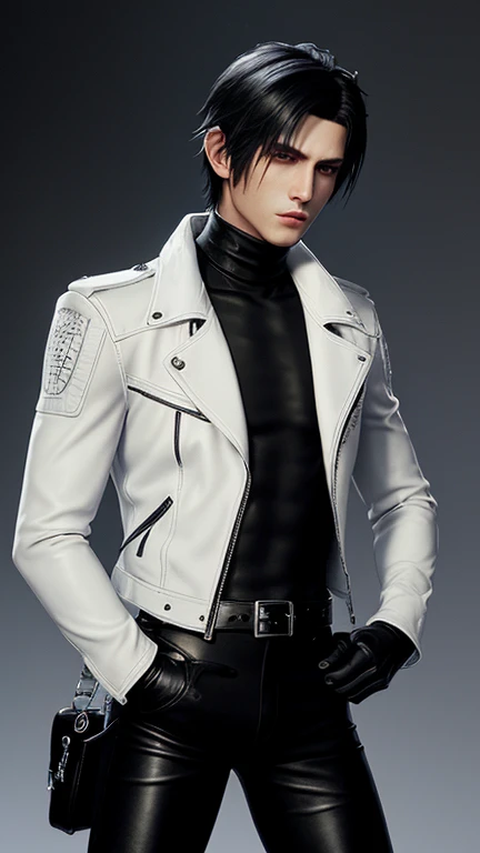 Final fantasy taste and reality graphics, Japanese young cute and cool  boy, thin eyebrows and beady eyes,  he wearing off white color leather thick singlebrest biker jacket, with epaulet,  jacket zipped, jacket is biker style, , jacket collar is high length stand-up collar with belts, jacket is a little black line pattern, also wearing black thick turtleneck shirts,  tight black leather pants, shiny black leather tight and thin glove, black leather knee-high raceup boots,views  head-to-toe,views whole body, boy looks like fashion model,Do not show skin from the neck down,leather jacket leather glove and leather pants have few wrinkles,boy in the room,