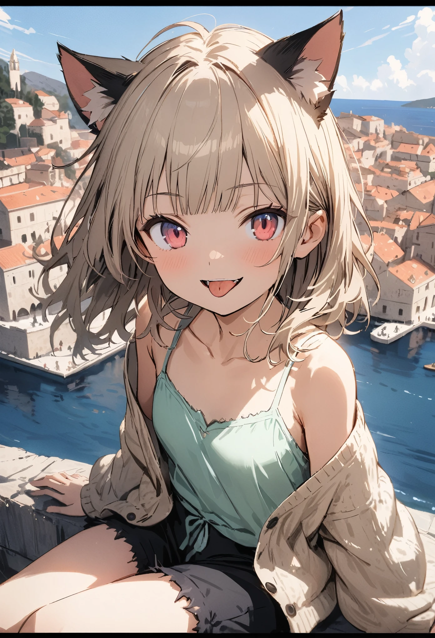 ((Masterpiece)), ((best quality)), (Anime:1.3), (super detail:1.2), (High Definition:1.3), (Professional Photography:1.3), (sharp focus), (perfect light), ((12 years old)), 8K, Glossy skin, cinematic lighting, 1girl, wide-shot, ((Wearing frayed cardigan with border pattern)), fluffy shorts, exposed bare neck, (Cute innocent teenage girl), (Healthy slim body), small breast, glossy medium hair, (loose blunt bangs), :d, open mouth, (sticking out tongue), (naughty smile), beautiful collarbones, (exposed shoulders), (cat ears), pale brown hair, messy Hair, BREAK, ((best quality)), (sitting on Dubrovnik townscape in Croatia), summerday, Beautiful and clear Adriatic Sea,