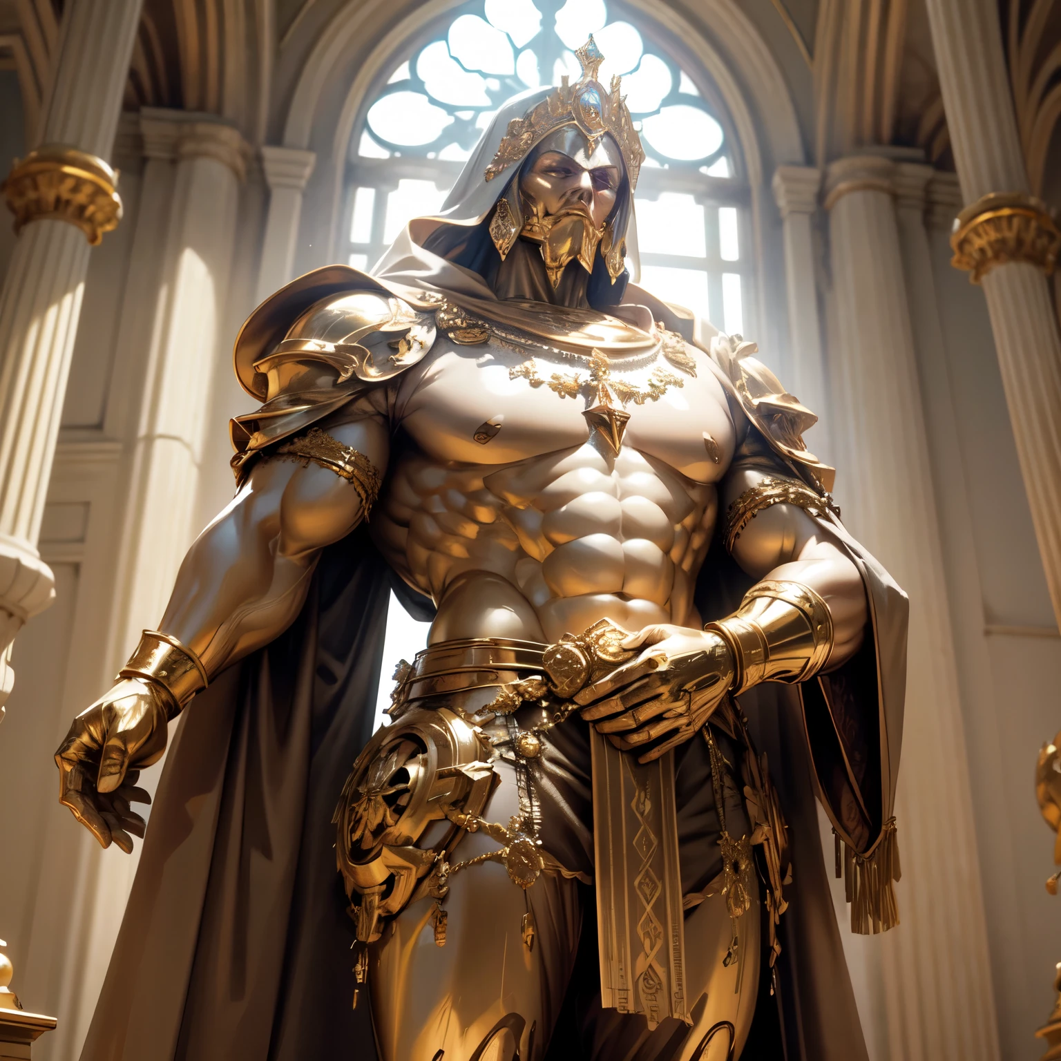Create an 8K Ultra HD Digital Image of a Noble Giant Sacred Marble Golem, adornado com trajes reais de ouro e prata, in the castle's throne room. O Golem tem olhos brilhantes que emitem uma luz dourada. He is adorned with magical jewels that glow softly, and wears a golden crown with precious stones set on his marble head. Gold bracelets adorn her sturdy arms, and a magical amulet is embedded in his chest. In the throne hall, o Golem empunha a Espada de Zeus. The sword is made of celestial gold and emits golden rays, with divine inscriptions along the blade that shine brightly. The hilt of the sword is adorned with small rays and lightning., simbolizando seu poder supremo. Ele segura a espada em uma pose majestosa, pronto para defender o trono, while electric sparks dance around you. The Sword of Zeus is known for its ability to control thunder and lightning, e uma aura de poder divino emana dela. The throne hall is grand, with imposing columns and richly embroidered tapestries. Grandes janelas permitem a entrada de luz natural, iluminando o trono de ouro incrustado de pedras preciosas. The image should capture the majesty and authority of the throne hall, highlighting the interaction of the Golem with the Sword of Zeus.