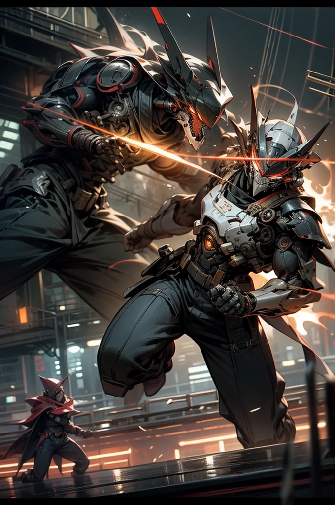 slow shutter, (blur:1.3), horror style, super fine illustration, highly detailed,{ masterpiece},dynamic angle,{best quality},Super detailed, beautiful detailed, 8k, At night in see, BREAK a white MECA made of steel is on the battle ship, BREAK engaged in an intense the ship fight with a red
 MECA. Sparks are flying. BREAK The fight creates a tense atmosphere as fire lights shine and the sound of clashing metal echoes.human_no,Genpei Battle,droid,Robot,MECA,battle scene,