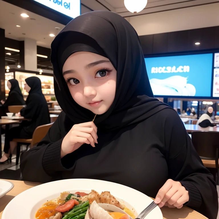 beautiful muslim, hijab, abaya, twirling hijab, japanese girl, baby face, round face, 165cm height, natural big breast, black matte hijab, sky blue sweater, having dinner with me in a busy seafood restaurant in a mall, looking to me,