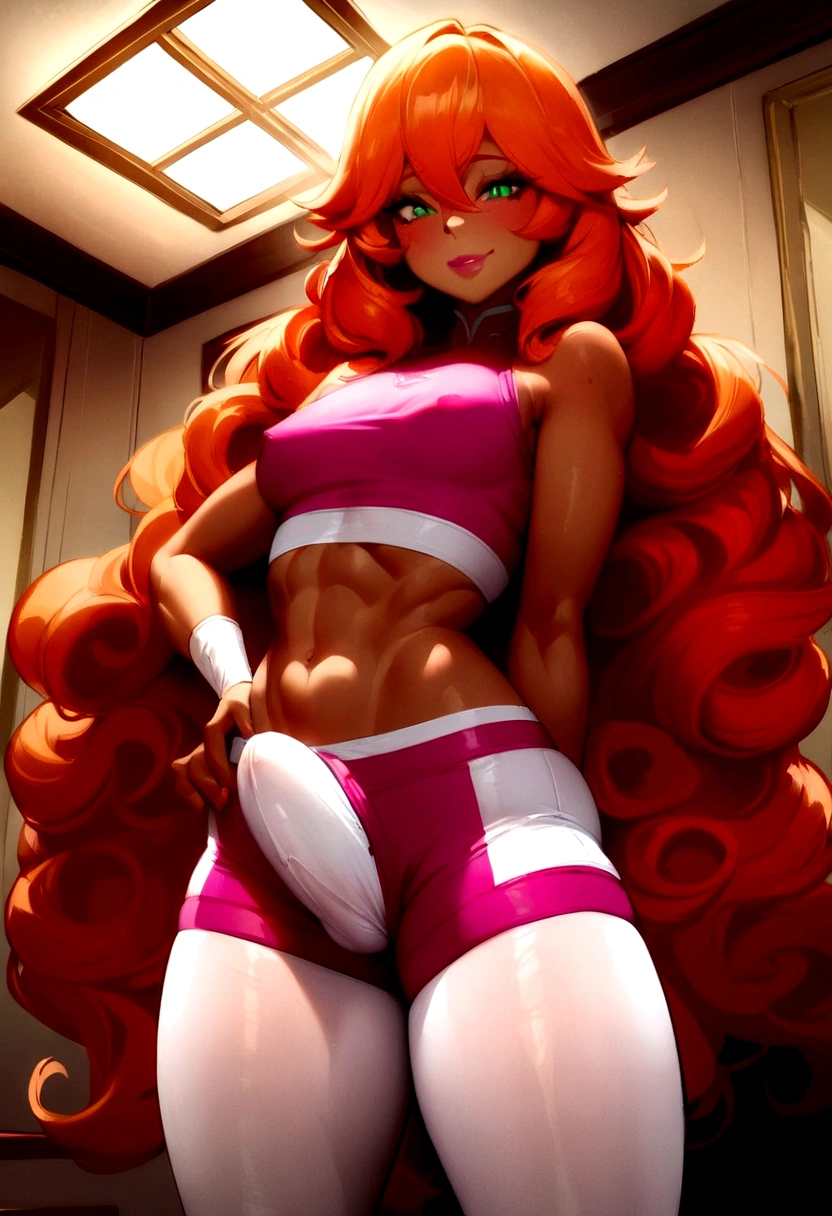 1boy,femboy,tall, very long Orange hair,long curls,elbow length Orange curls hair,tanned skin,6'2" inch tall,green eyes, feminine face, makeup,prominent lips, feminine body,round butt, sexy, smile,confident,pink crop top,Spandex shorts, highly detailed, pantyhose, thong,looking to camera, standing, luxurious room,sexy pose,Big dick,Big bulge,longer curly hair, red and white shorts,Big manhood, bigger dick,bigger cock,bigger balls,detailed face, detailed hair,detailed crotch,4K, Masterpiece, absurdres,hi res,detailed skin, Big erect Cock under shorts, tigth shorts, aroused,both arms on hips,longer hair,bigger balls,bigger cock, thick Cock, large balls,Cock under shorts, Cock strains against his shorts,Cock almost spills out of shorts,add balls