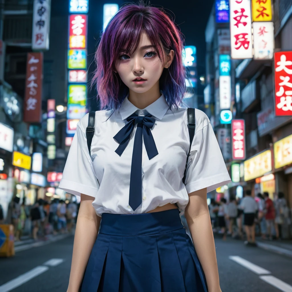 (8k, RAW photo, masterpiece:1.3), (realistic, photo-realistic:1.37), (night), (looking at viewer:1.331), (bloody hair), posing, Tokyo street, nightcityscape, cyberpunk city, soft light, naked girl, extremely beautiful face, bust, put down hands, Random hairstyle, Random expression, big eyes, lower abdomen, (short-sleeved .JK_shirt), JK_style, (dark blue short JK_skirt), (bow JK_tie), mix4., best quality, huge chests