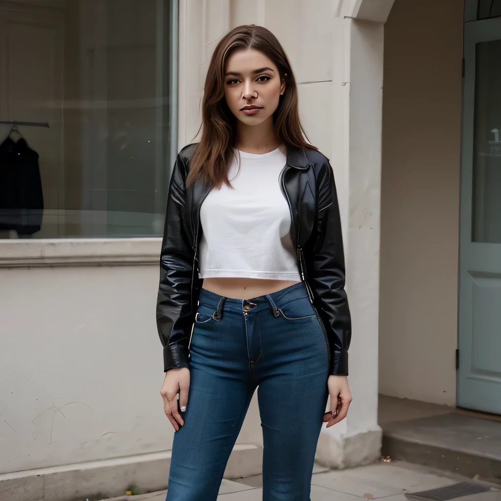 Masterpiece. A portrait of a beautiful model which is vibrant. The model is inside a fashion store, standing in the corner where fashion clothes are hanged and the model is wearing full shirt and jeans. She have brown hairs