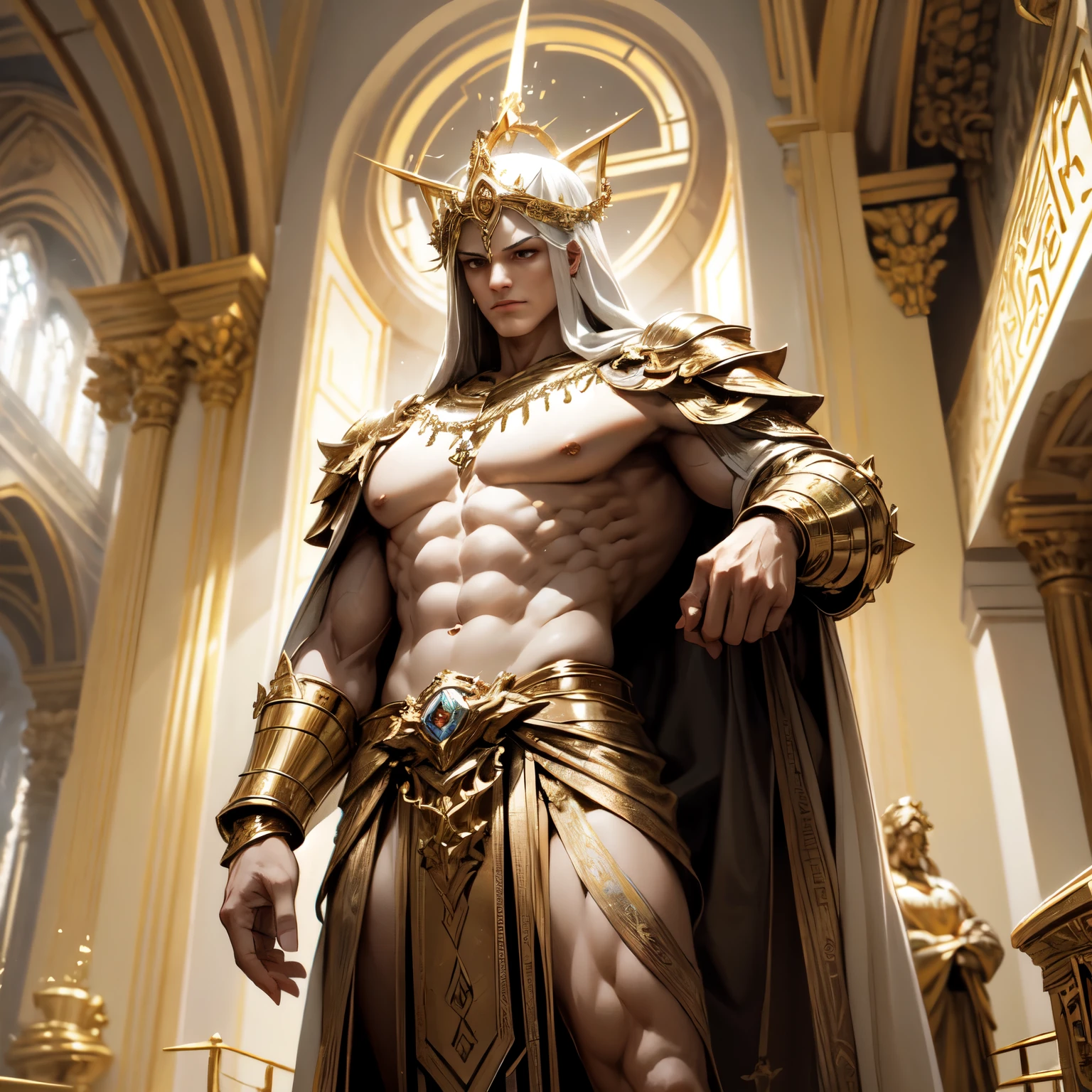 Create an 8K Ultra HD Digital Image of a Noble Giant Sacred Marble Golem, adornado com trajes reais de ouro e prata, descendo as escadas reais do castelo. O Golem tem olhos brilhantes que emitem uma luz dourada. He is adorned with magical jewels that glow softly, and wears a golden crown with precious stones set on his marble head. Gold bracelets adorn her sturdy arms, and a magical amulet is embedded in his chest. Nas escadas reais, o Golem empunha a Espada de Zeus. The sword is made of celestial gold and emits golden rays, with divine inscriptions along the blade that shine brightly. The hilt of the sword is adorned with small rays and lightning., simbolizando seu poder supremo. He holds the sword in a ready pose, pronto para descer em defesa do castelo, while electric sparks dance around you. The Sword of Zeus is known for its ability to control thunder and lightning, e uma aura de poder divino emana dela. The staircase is majestic, made of white marble with gold handrails and adorned with rich tapestries and paintings of ancient monarchs. Lustres pendem do teto alto, iluminando a escadaria com uma luz suave e elegante. The image must capture the grandeur and grandeur of the real stairs, highlighting the interaction of the Golem with the Sword of Zeus.