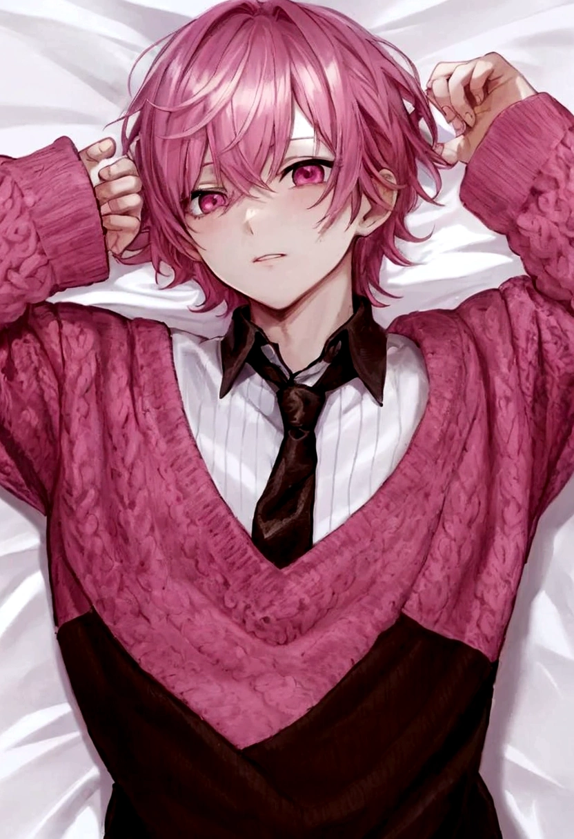 pink theme, solo, 1boy, male focus, chocolate, from above, lying, on back, sweater, long sleeves, sleeves past wrists, pink hair, pink eyes, tie, loose clothes,
, full body