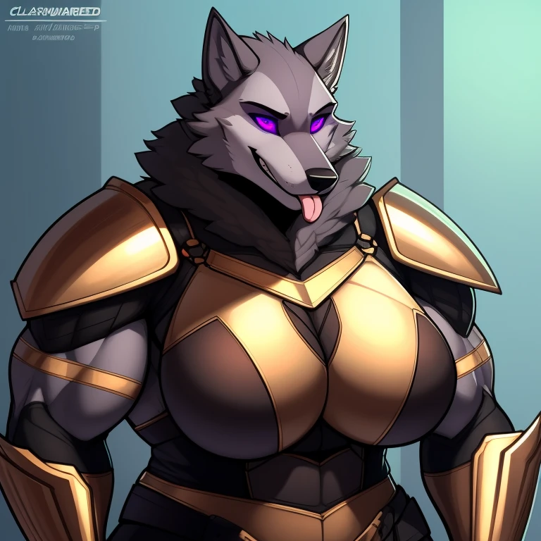 Chubby_muscular_timberwolf female gray_furry_body hypnotized with glowing purple eyes, tongue out, fluffy bronze_heavy_plate_armor solo Masterpiece best_quality absurdres highly_detailed cleanly_drawn_eyes anthro_only smug_grin large_breasts flexing_muscles by_claweddrip, by_greasymojo, by_underscore-b, by_runawaystride