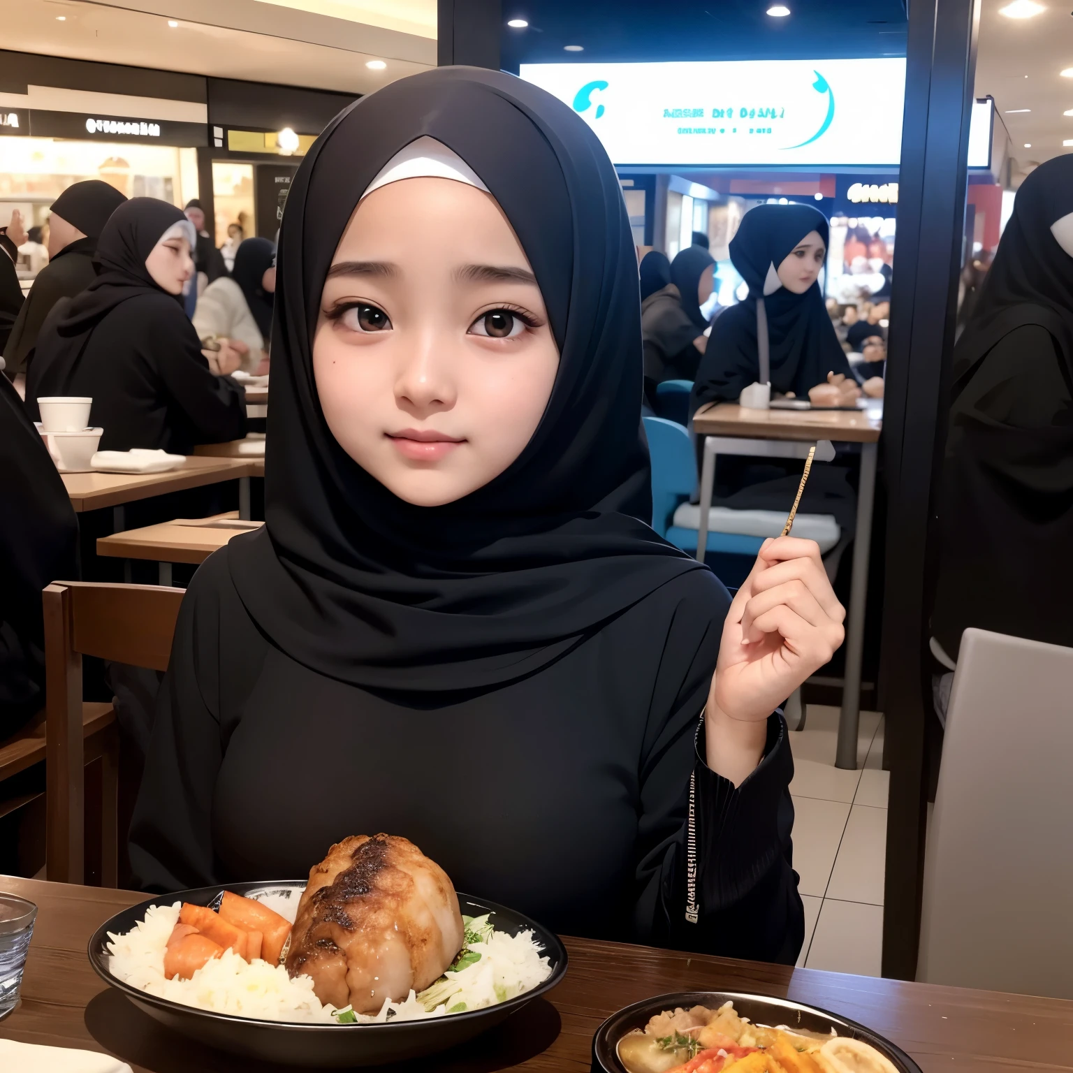 beautiful muslim, hijab, abaya, twirling hijab, japanese girl, baby face, round face, 165cm height, natural big breast, black matte hijab, sky blue sweater, having dinner with me in a busy seafood restaurant in a mall, looking to me,