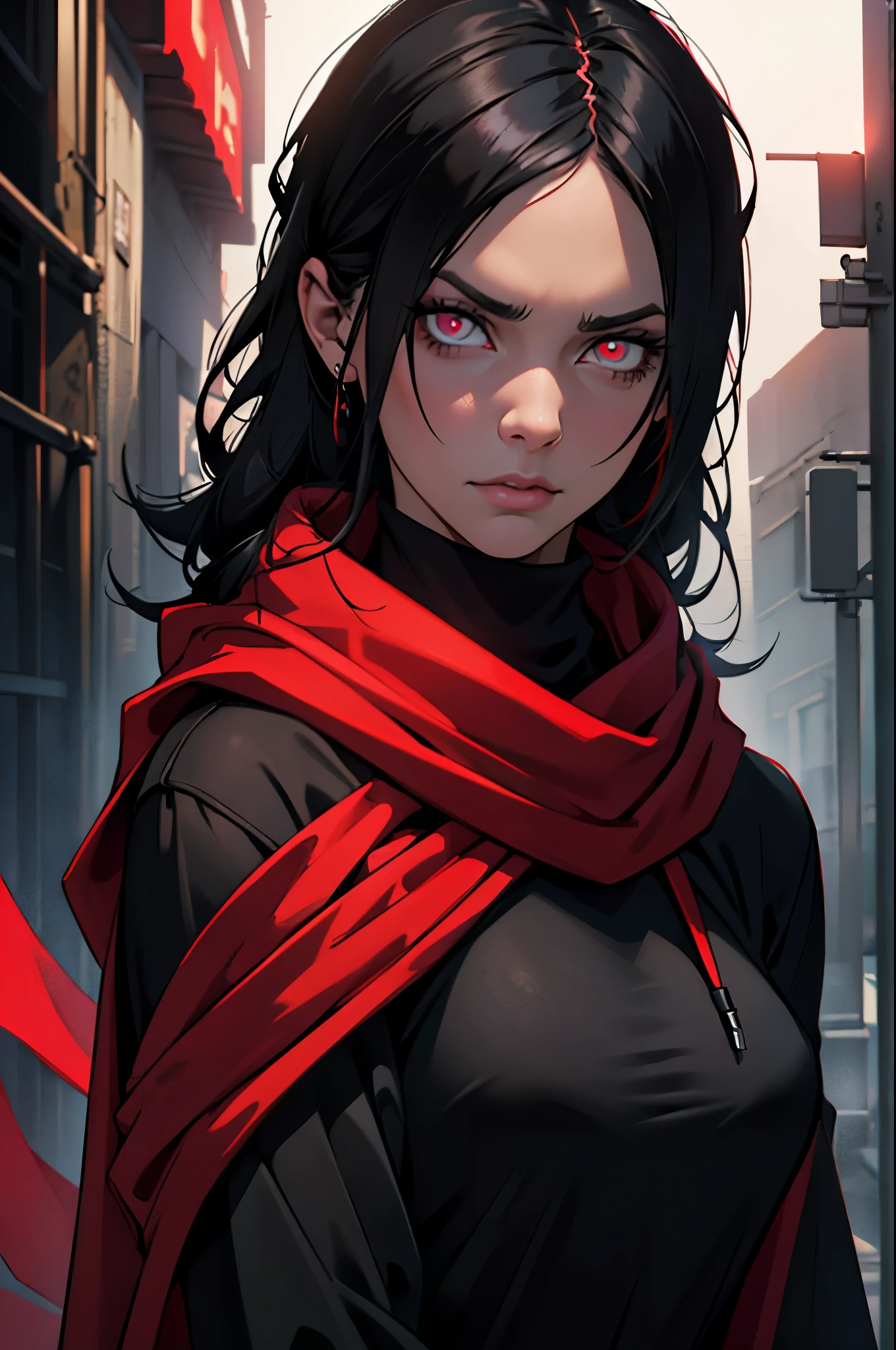A woman with dark black hair, wearing a black turtleneck blouse, body covered in tattoos, red glowing eyes, an open hoodie, and a bright red scarf, dramatic portrait, hyper realistic, 8k, cinematic lighting, moody atmosphere, rich colors, dramatic shadows, intricate details