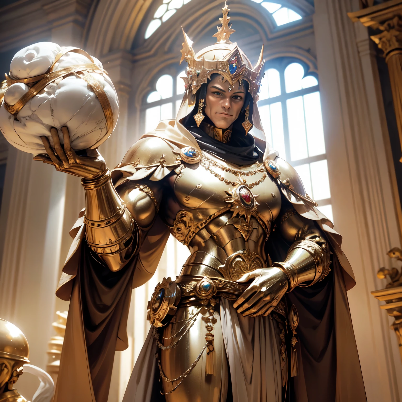 Create an 8K Ultra HD Digital Image of a Noble Giant Sacred Marble Golem, adornado com trajes reais de ouro e prata, in the princess&#39;s dormitory. O Golem tem olhos brilhantes que emitem uma luz dourada. He is adorned with magical jewels that glow softly, and wears a golden crown with precious stones set on his marble head. Gold bracelets adorn her sturdy arms, and a magical amulet is embedded in his chest. In the princess&#39;s dormitory, o Golem empunha a Espada de Zeus. The sword is made of celestial gold and emits golden rays, with divine inscriptions along the blade that shine brightly. The hilt of the sword is adorned with small rays and lightning., simbolizando seu poder supremo. Ele segura a espada em uma pose protetora, pronto para guardar a princesa, while electric sparks dance around you. The Sword of Zeus is known for its ability to control thunder and lightning, e uma aura de poder divino emana dela. The dorm is luxurious, com uma grande cama de dossel adornada com cortinas de seda e almofadas de veludo. Fine furniture and decorative ornaments add a touch of elegance to the room. Grandes janelas permitem a entrada de luz suave, criando uma atmosfera de serenidade. The image should capture the tranquility and opulence of the princess&#39;s bedroom, highlighting the interaction of the Golem with the Sword of Zeus.