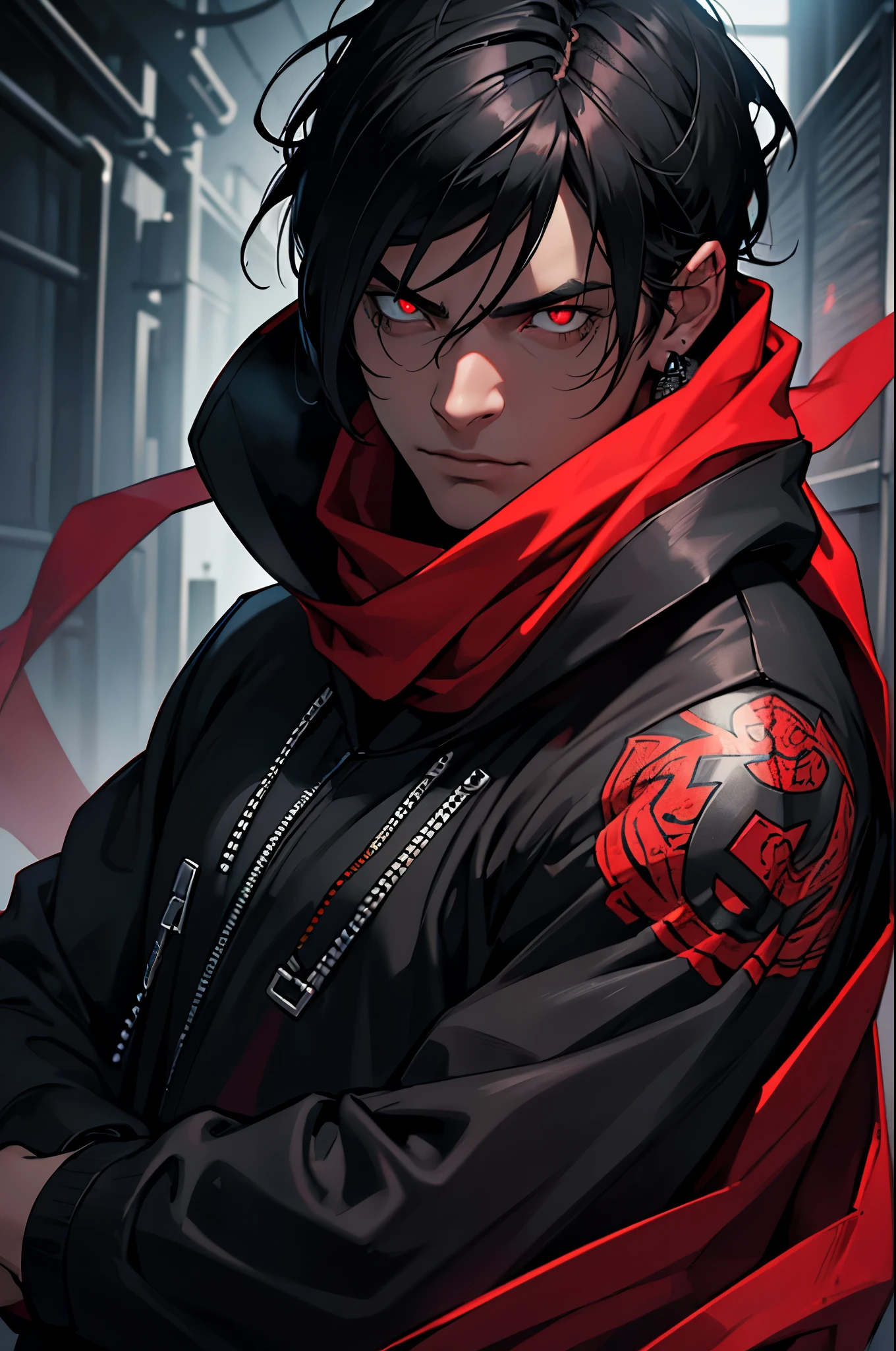 A man with dark black hair, wearing a black turtleneck blouse, body covered in tattoos, red glowing eyes, an open hoodie, and a bright red scarf, dramatic portrait, hyper realistic, 8k, cinematic lighting, moody atmosphere, rich colors, dramatic shadows, intricate details