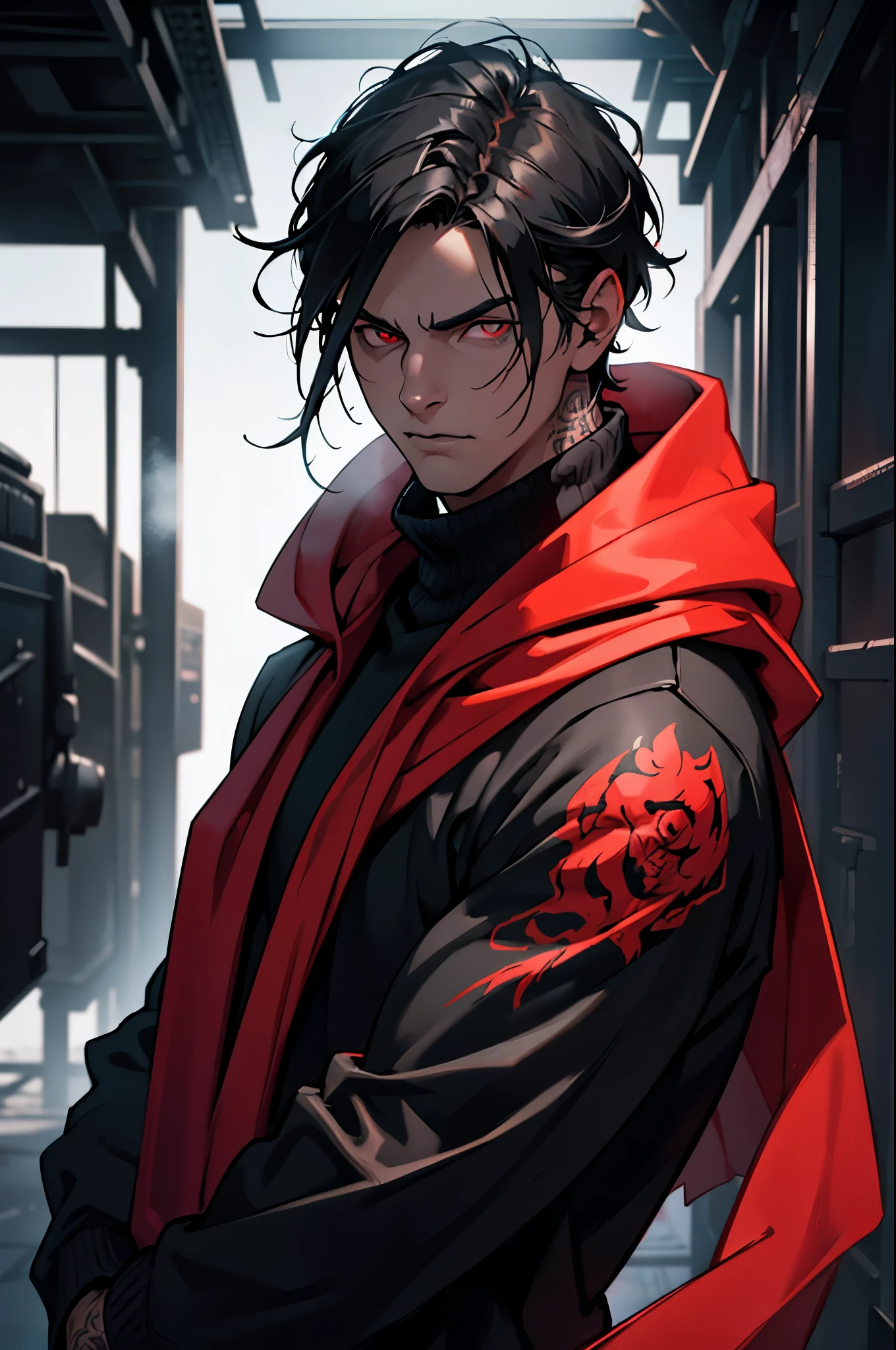 A man with dark black hair, wearing a black turtleneck blouse, body covered in tattoos, red glowing eyes, an open hoodie, and a bright red scarf, dramatic portrait, hyper realistic, 8k, cinematic lighting, moody atmosphere, rich colors, dramatic shadows, intricate details