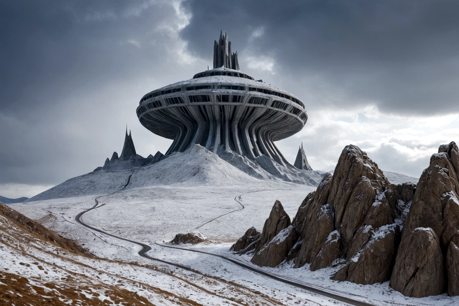 (((A FUTURISTIC ALIEN SPACESHIP 40TH CENTURY AD FLYES BY IN THE CLOSEUP)), (((A FUTURISTIC ALIEN SPACESHIP 40TH CENTURY AD FLYES BY IN THE CLOSEUP)), (((A FUTURISTIC ALIEN SPACESHIP 40TH CENTURY AD FLYES BY IN THE CLOSEUP)), ON AN ALIEN PLANET IN THE BACKGROUND THERE IS A BRUTALIST-STYLE CONCRETE FORTRESS, AMONG THE STEEP AND INTRINSIC MOUNTAINS WITH SHARP ROCKS WITH SNOW AND ICE, THE STORMY AND COLD SKY HAS THE CLOUDS DESTROYED BY THE FREEZING WIND FROM THE POLE, IMAGEN HIPER REALISTA, MAXIMUM DEPTH OF FIELD, MAXIMUM HDR 4K RESOLUTION, PERSPECTIVA PERFECTA