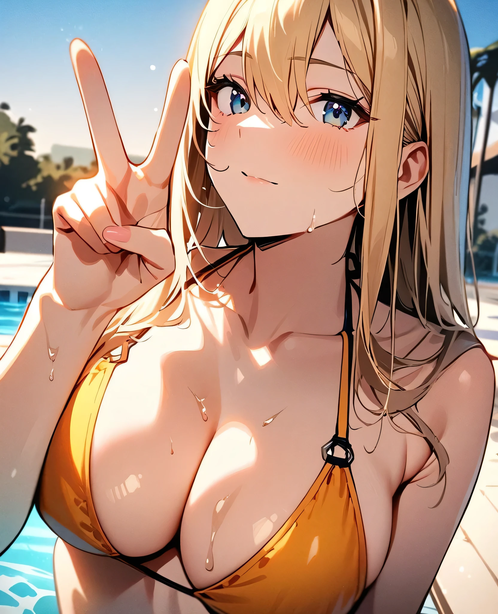 Masterpiece, best quality, 1girl, sexy girl, bikini, blonde hair, victory sign, busty, small waist, poolside, cowboy shot, golden hour