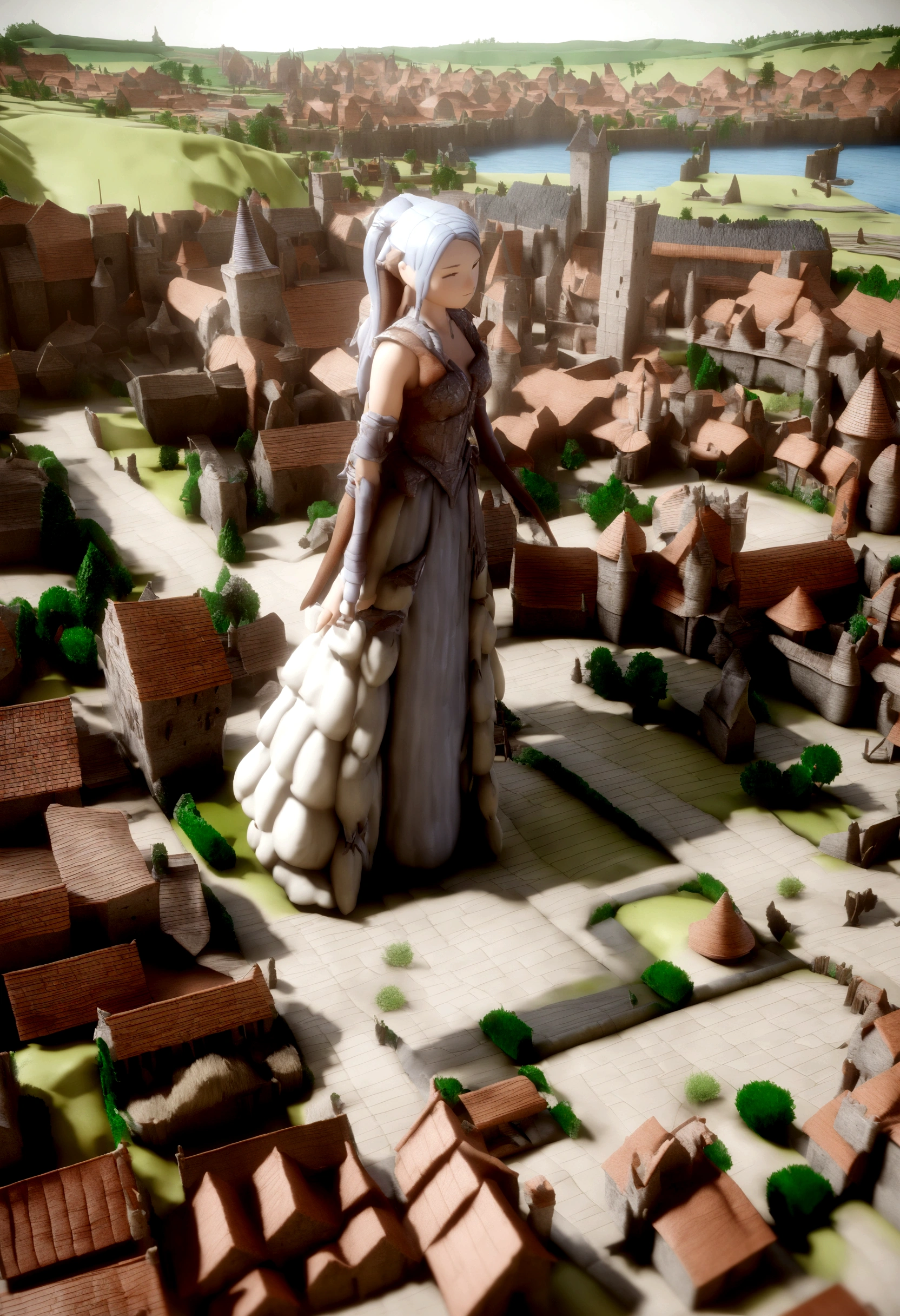 Miniature,Super Cute Clay World, Cute clay freeze frame animation, Tilt-Shift,Excellent lighting,Volume Landcape,brush rendering,3D, super detailed, ((Gts, Giant girl)), ((Medieval city)), natural tones, natural illumination