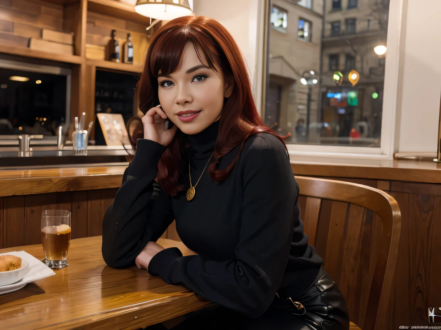 A beautiful smiling Bettie page with red hair in a dark blue long loose coat black gloves in a black turtleneck with a gold small round pendant in a leather brown pencil skirt with a side slit sits in a cafe on the street on Nevsky Prospekt with a computer and a burgundy bag and drinks coffee, photo captured in stunning Ultra HD, 8k resolution, Nikon D850,  