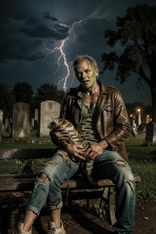 Zombie male middle-aged decay green skin tone dirty full body photo very worn clothes Playing The moment lightning strikes At the graveyard   Sitting on a bench holding a Dirty cat on his lap