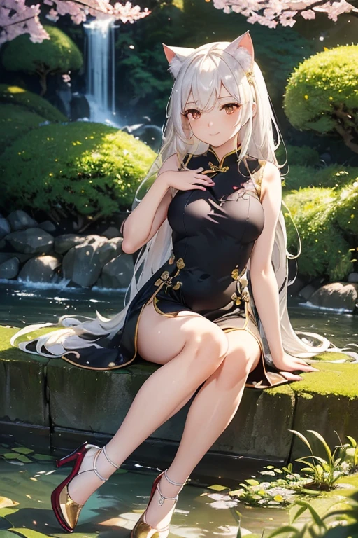 adult japanese girl, breathtaking cherry tree forest, falling cherry petal, ((long black elegant sleeveless long cheongsam dress with golden yellow trim)), smooth and beautiful legs, ((brown eye color)), long hair flowing in the wind, ((white hair), ((black high heeled pumps shoes)), beautiful nature, japanese countryside, small water spring with small waterfall, ((high quality)), extremely detailed, (bokeh), dof, (hand on chest), large breasts, sitting in front of a cherry tree, elegant mossy stone structure, (classy elegant lady sitting pose), side swept bangs, looking up into the far distance, smug face, (girly hand pose), realistic body anatomy, (white cat ears), evening golden hour, sun god rays, white cat tail