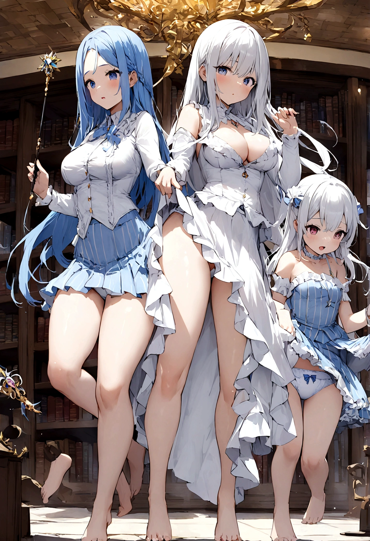 Plain white with breasts highlightedTshirt、Breasts visible from the neck、Ultramarine and white striped mini skirt、White frilly cute underwear is visible when the skirt is lifted、barefoot、library、Three girls with different heightagical girl with a magic wand