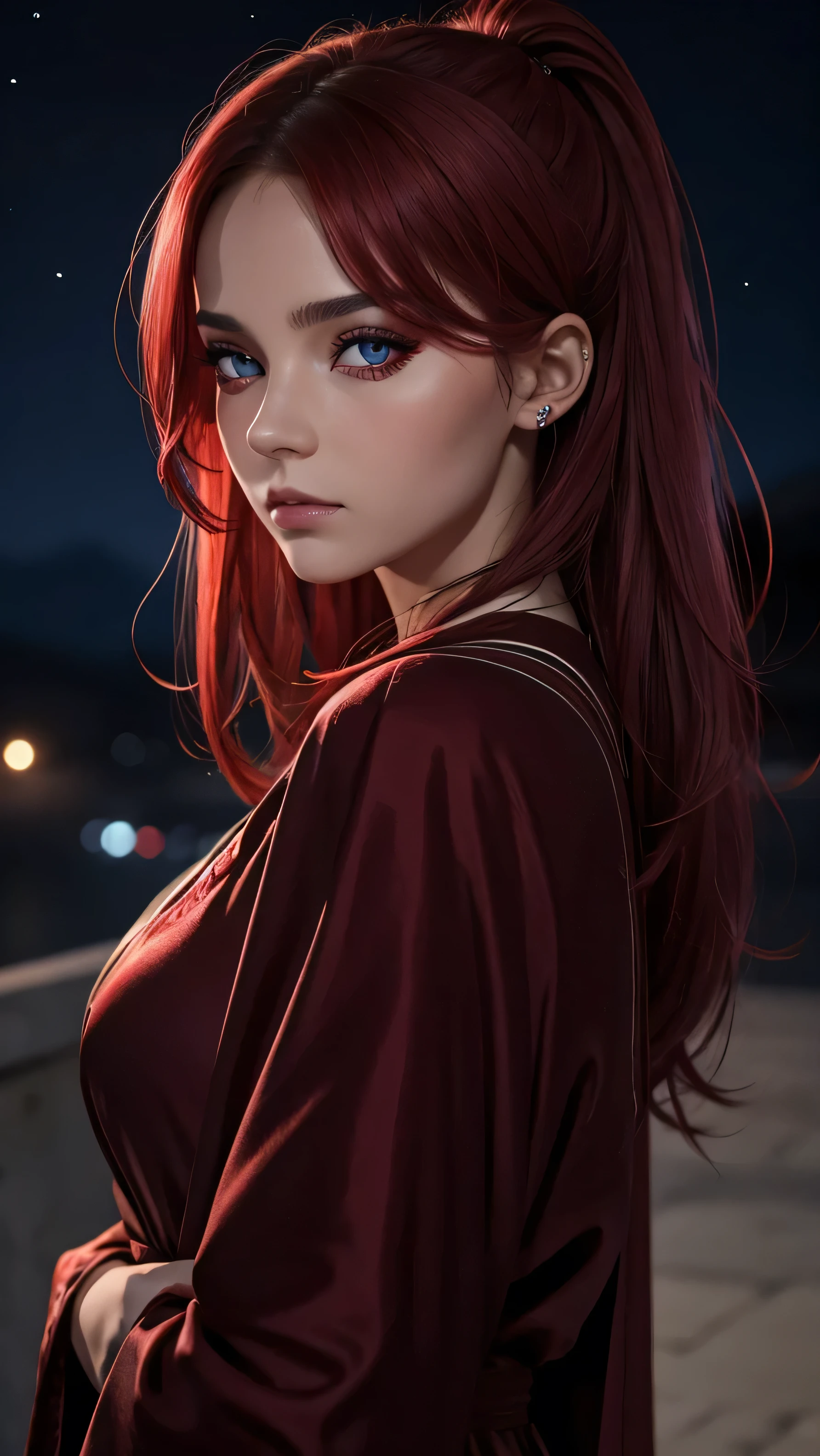 Best quality, une fille, yeux rouge, beau visage, nasty look, envoutante, la nuit, in front of me, robe gothique,