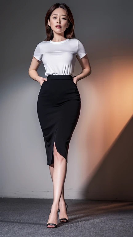 36 years old、Mature Woman、Full-body shot、Full body photo、teacher、(highest quality, 4K, 8k, High resolution, masterpiece:1.2), Super detailed, (Realistic, Realistic, Photorealistic:1.37), Black long skirt、White T-shirt、 Vibrant colors, Dramatic lighting