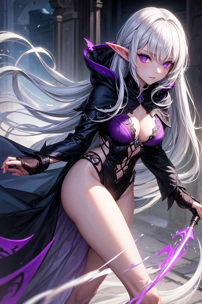 A Dark Elven Woman with White Hair and Purple Eyes