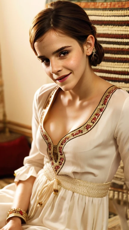Emma Watson dressed in traditional Turkish clothing and a sexy smile.