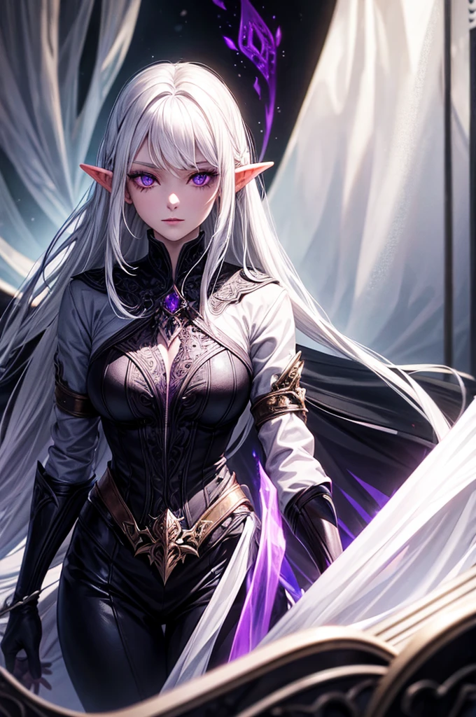 A Dark Elven Woman with White Hair and Purple Eyes