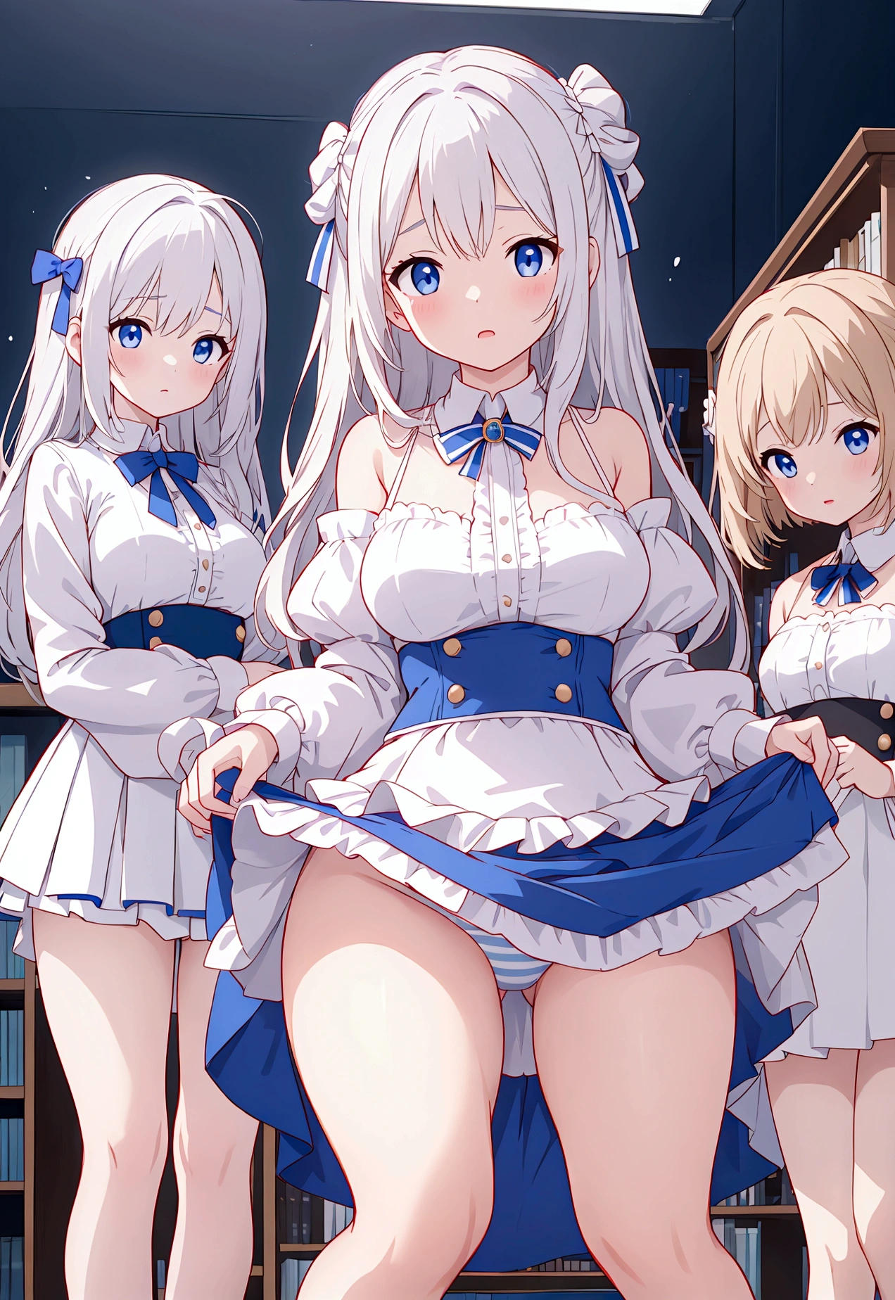 Plain white with breasts highlightedTshirt、Breasts visible from the neck、Ultramarine and white striped mini skirt、White frilly cute underwear is visible when the skirt is lifted、barefoot、library、Three girls with different heightagical girl with a magic wand