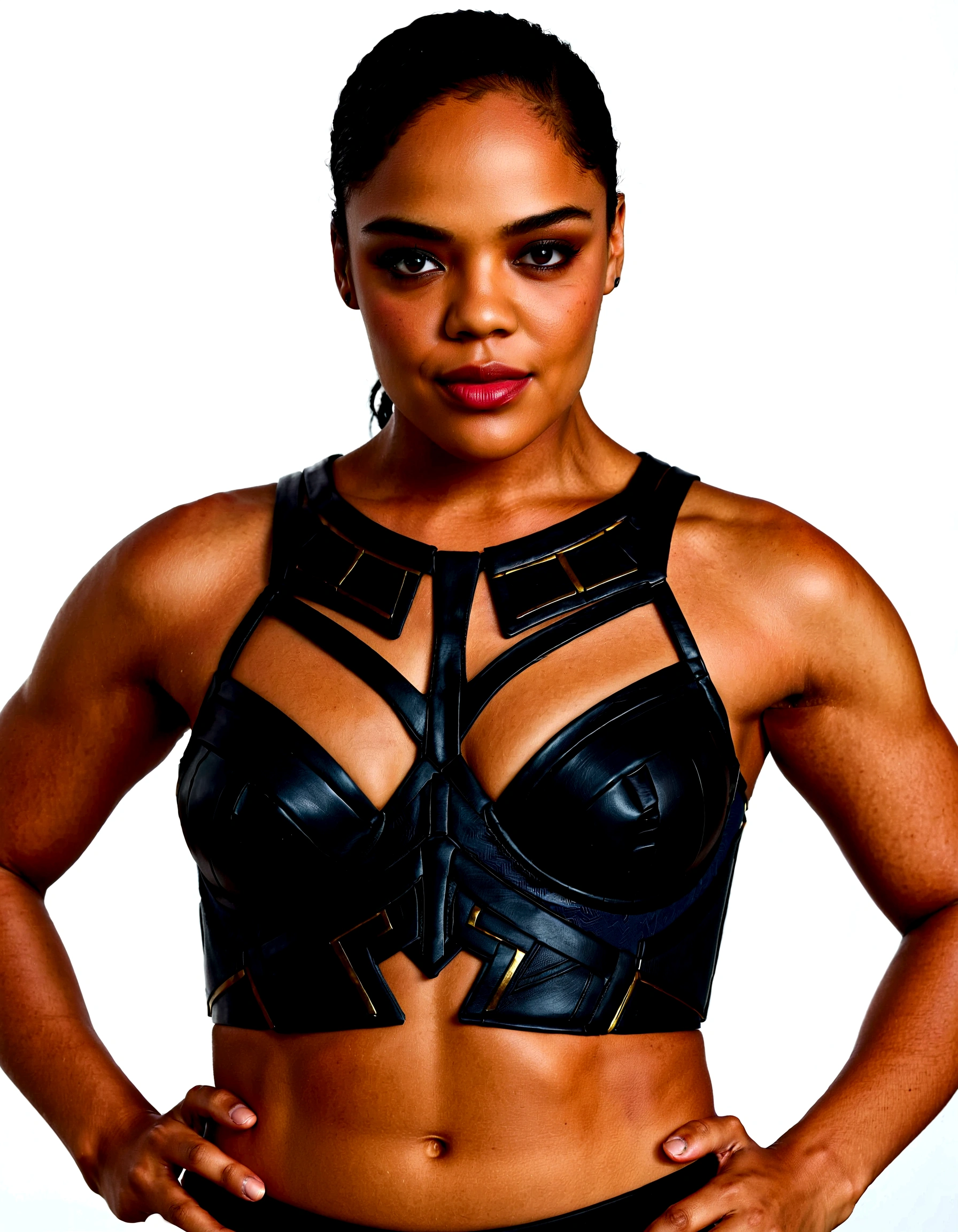 Extremely gorgeous woman Tessa Thompson AS A WAKANDAN WARRIOR, DETAILS, GOOD SKIN, highly detailed, skin pores, sharp focus, amazing details, 
