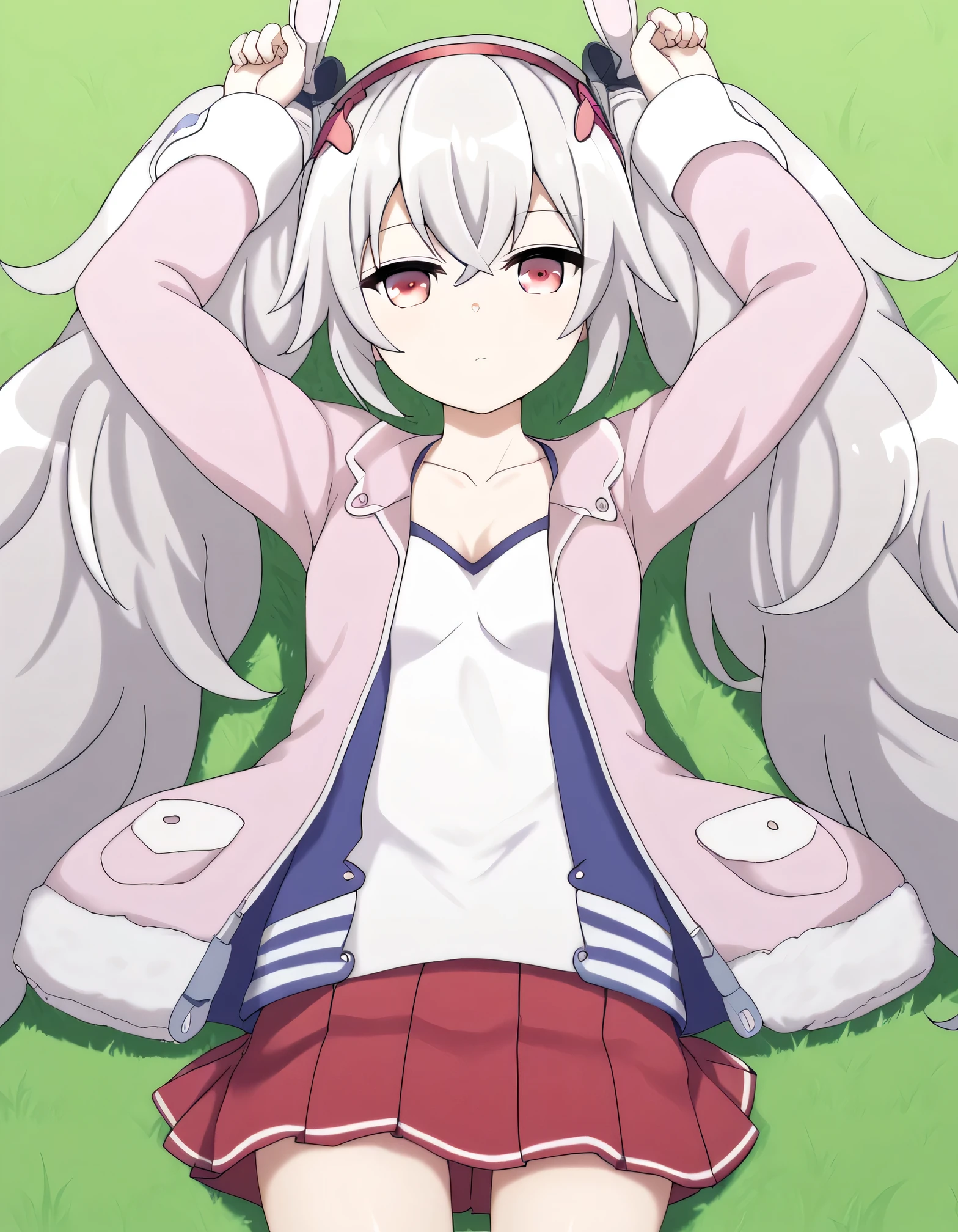 Azur Lane Slow Ahead Style, 1girl, laffey \(azur lane\),casual,, BREAK score_9, score_8_up, score_7_up, BREAK source_anime, best quality, masterpiece, uncensored,(clear eyes:1.2),zPDXLpg, high quality, solo, lying, on back, arms up, spread arms, closed mouth, on grass, (cowboy shot:1.5), looking at viewer, expressionless, best quality