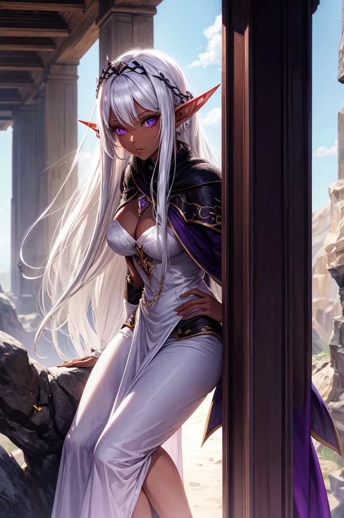 A Dark Elven Woman with Brown Skin White Hair and Purple Eyes