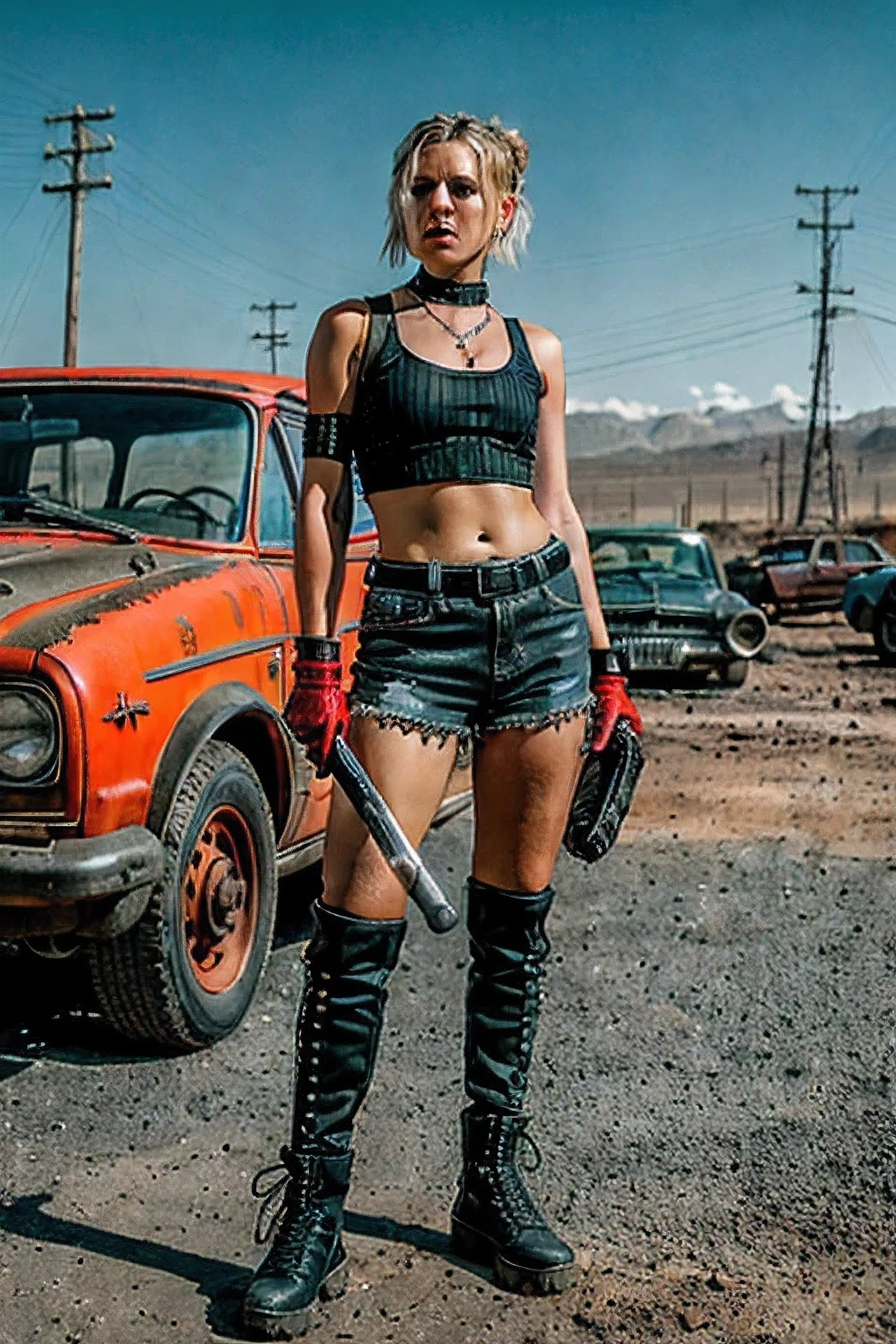 In a post-apocalyptic wasteland, a 35-year-old woman with blue almond-shaped eyes and blonde hair stands, wearing a black crop top, a pinstriped white baseball jersey, black shorts with studs, knee-high boots, and mismatched socks. She accessorizes with a black baseball cap, spiked choker, and red fingerless gloves, wielding a red and silver spiked baseball bat. The desolate landscape is filled with corroded cars and structures, bathed in an orange hue reminiscent of Resident Evil 3.