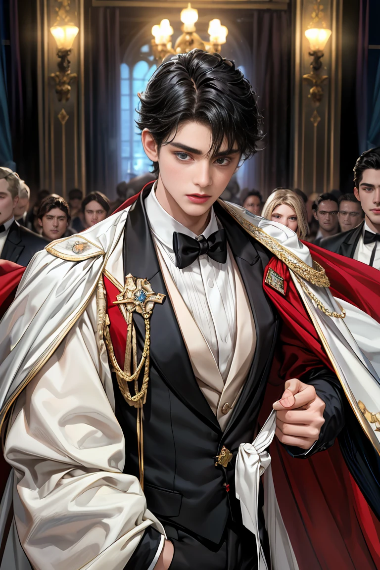 masterpiece, 最high quality, high quality, 1 boy, alone, Male focus, Watching the audience, Messy black hair, Adorable big blue eyes, White, Noble, Noble,Sexy voluminous cape、Tuxedo、A very voluminous, large, very large, very large, long, long red and black cape with a high stand-up collar, reaching down to the floor, made of a lot of fabric., 17 years old,Cute beautiful boys,Cute, cute, kind, handsome guy