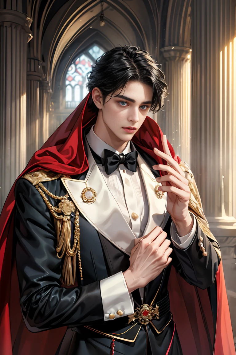 masterpiece, 最high quality, high quality, 1 boy, alone, Male focus, Watching the audience, Messy black hair, Adorable big blue eyes, White, Noble, Noble,Sexy voluminous cape、Tuxedo、A very voluminous, large, very large, very large, long, long red and black cape with a high stand-up collar, reaching down to the floor, made of a lot of fabric., 17 years old,Cute beautiful boys,Cute, cute, kind, handsome guy