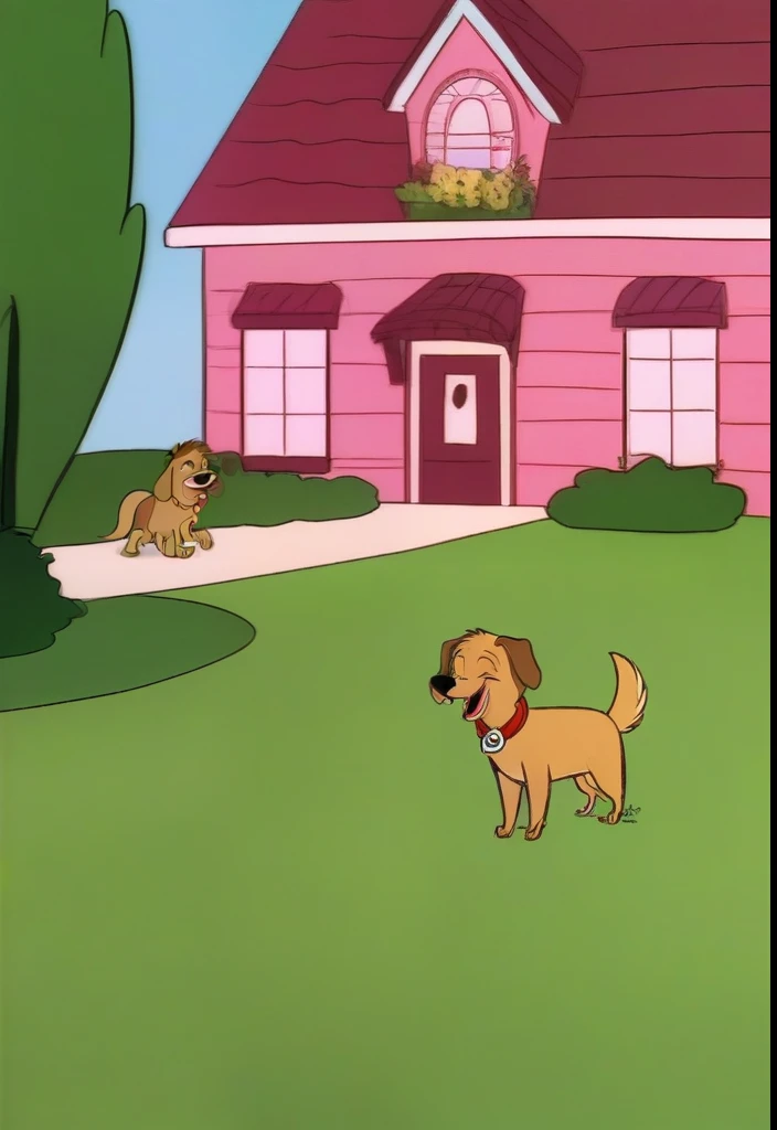 Max, a dog with a happy expression, playing in the garden of a house. Alrededor, a family laughing and enjoying with him.