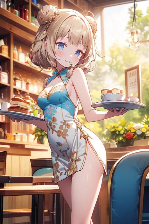 (((Masterpiece))),(((Super Detail))),(((in 8K))),(((best composition))),(((Rim lighting,Fireglow effect,deep shadow))),solo,(Hatsune Miku:1.0),beautiful detailed eyes,double bun with glittering hair ornament,(super detailed glossy skin:1.3),slender body,tits,goddess smile,((mouth little smile open)),beautiful posture,cheongsam dress,(blue with silvr gold thread embroidery,super delicate floral pattern:1.2),seductive cleavage:1.3,beautiful glossy legs,shiny red high heels,lifting dishes with cakesd,french restaurant,hustle and bustle,rising steam,(((depth of fields)))
